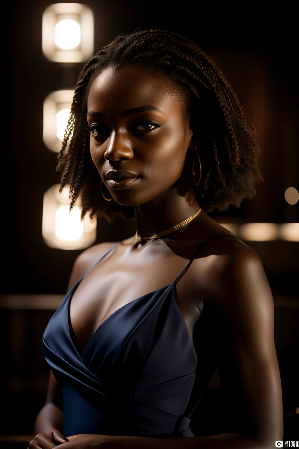 grain du film, photographed with a Sony a9 II mirrorless camera, Style analogique, beau, Masterpiece, beste-Qualit, Aamari, A woman in evening dress looks at the camera, in a nightclub, very dark skin, extremely detailed face, Tir de buste, perfect lighting
