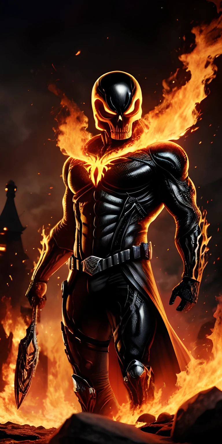 Ultra resolution 8K, Terrifying illustration, The powerful fusion of Venom and Ghost Rider is a dark being with skin blackened by the symbiote, con una calavera en llamas coronada por el simbionte en lugar de cabeza. Cadenas ardientes serpentean alrededor de su forma, listas para castigar a los culpables. Un aura de oscuridad y fuego lo rodea constantemente, encarnando una justicia implacable.