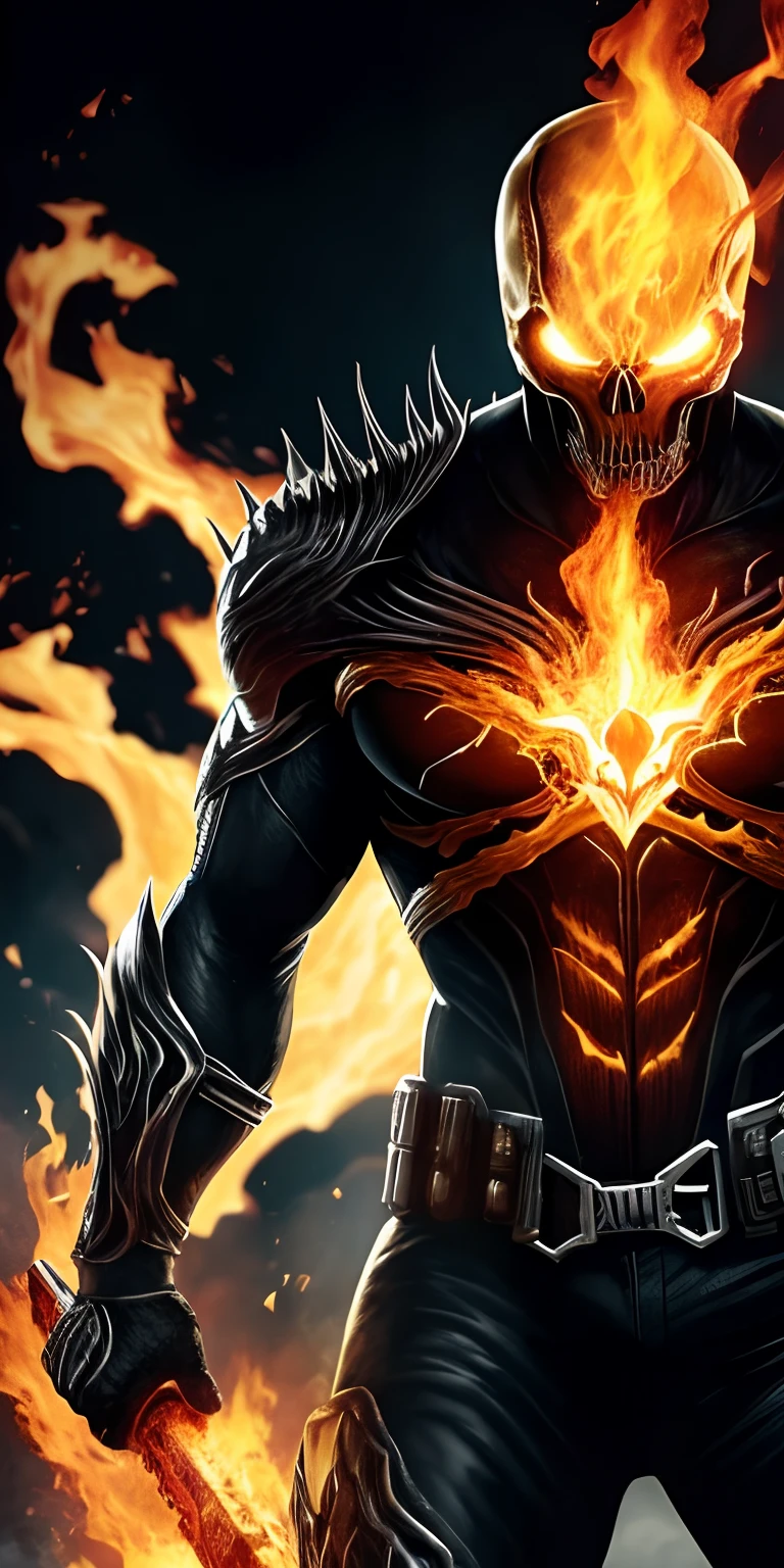 Ultra resolution 8K, Terrifying illustration, The powerful fusion of Venom and Ghost Rider is a dark being with skin blackened by the symbiote, con una calavera en llamas coronada por el simbionte en lugar de cabeza. Cadenas ardientes serpentean alrededor de su forma, listas para castigar a los culpables. Un aura de oscuridad y fuego lo rodea constantemente, encarnando una justicia implacable.