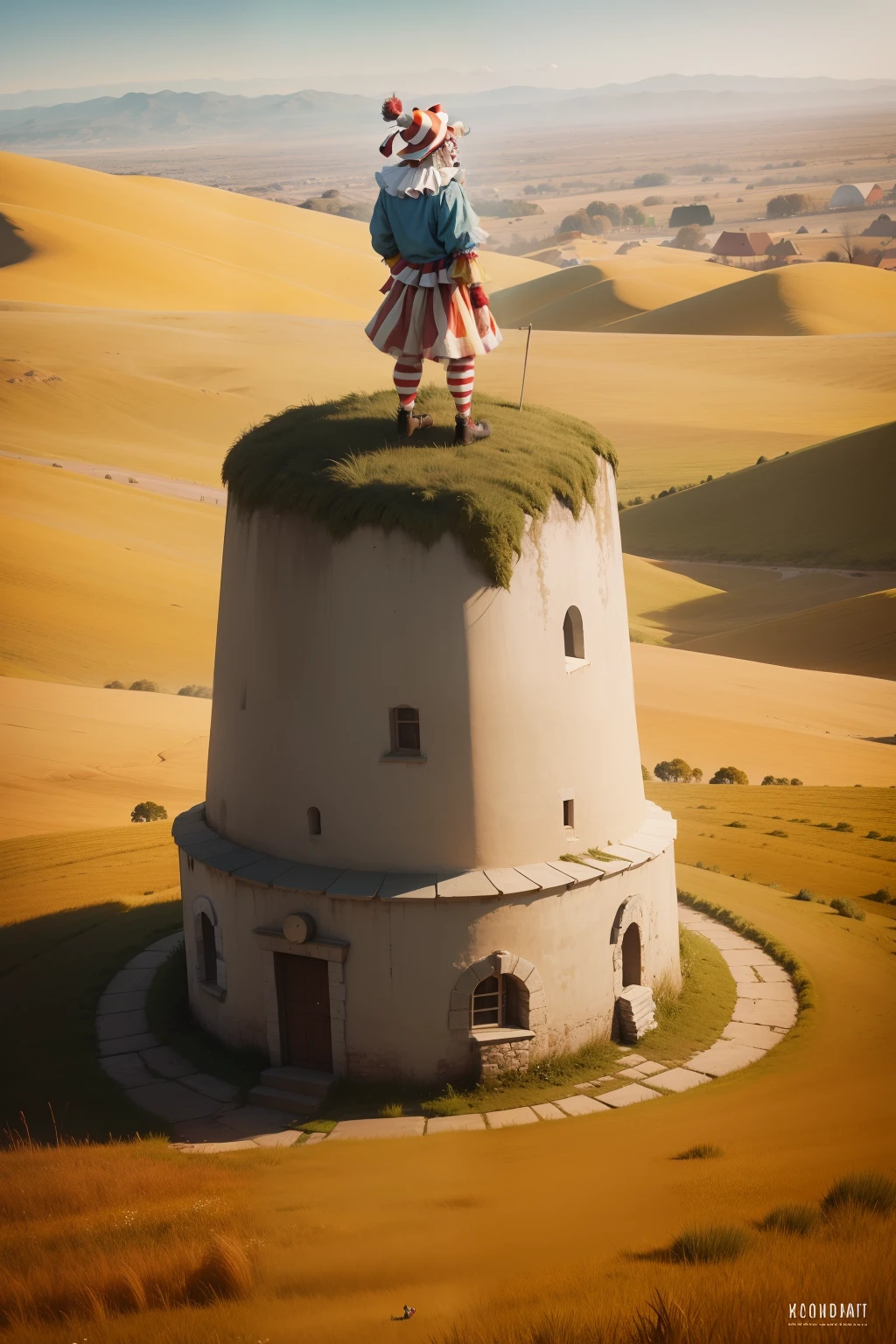 The clown stands on the top of the hill,