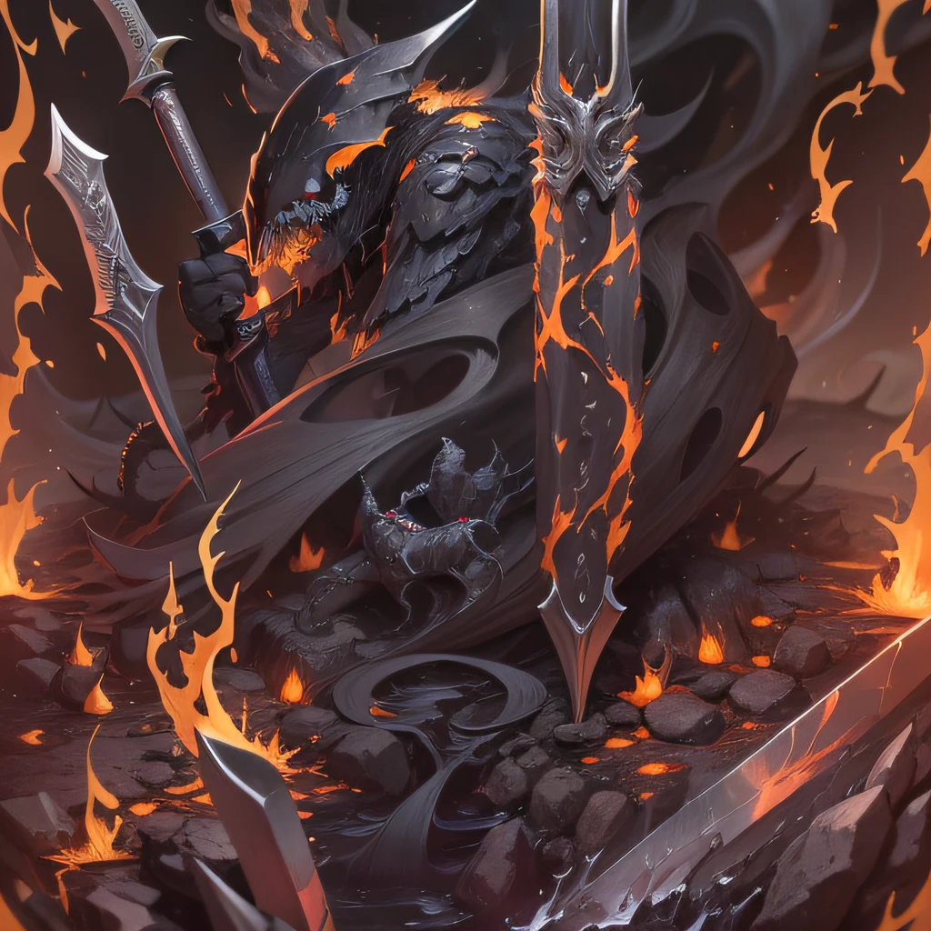 A wicked obsidian dagger dripping with venomous ichor, surrounded by acrid smoke and etched sigils of decay, engulfed in flames.