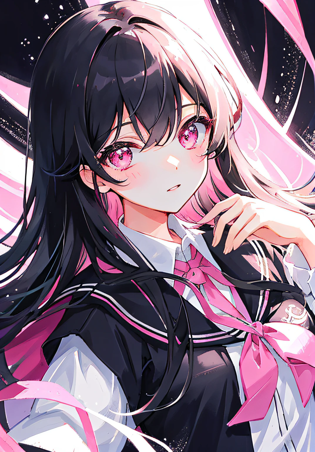 Masterpiece, Best quality, Ultra-detailed, illustration, Portrait, 1girll, black_Hair, Pink eyes, Long hair, school uniform,