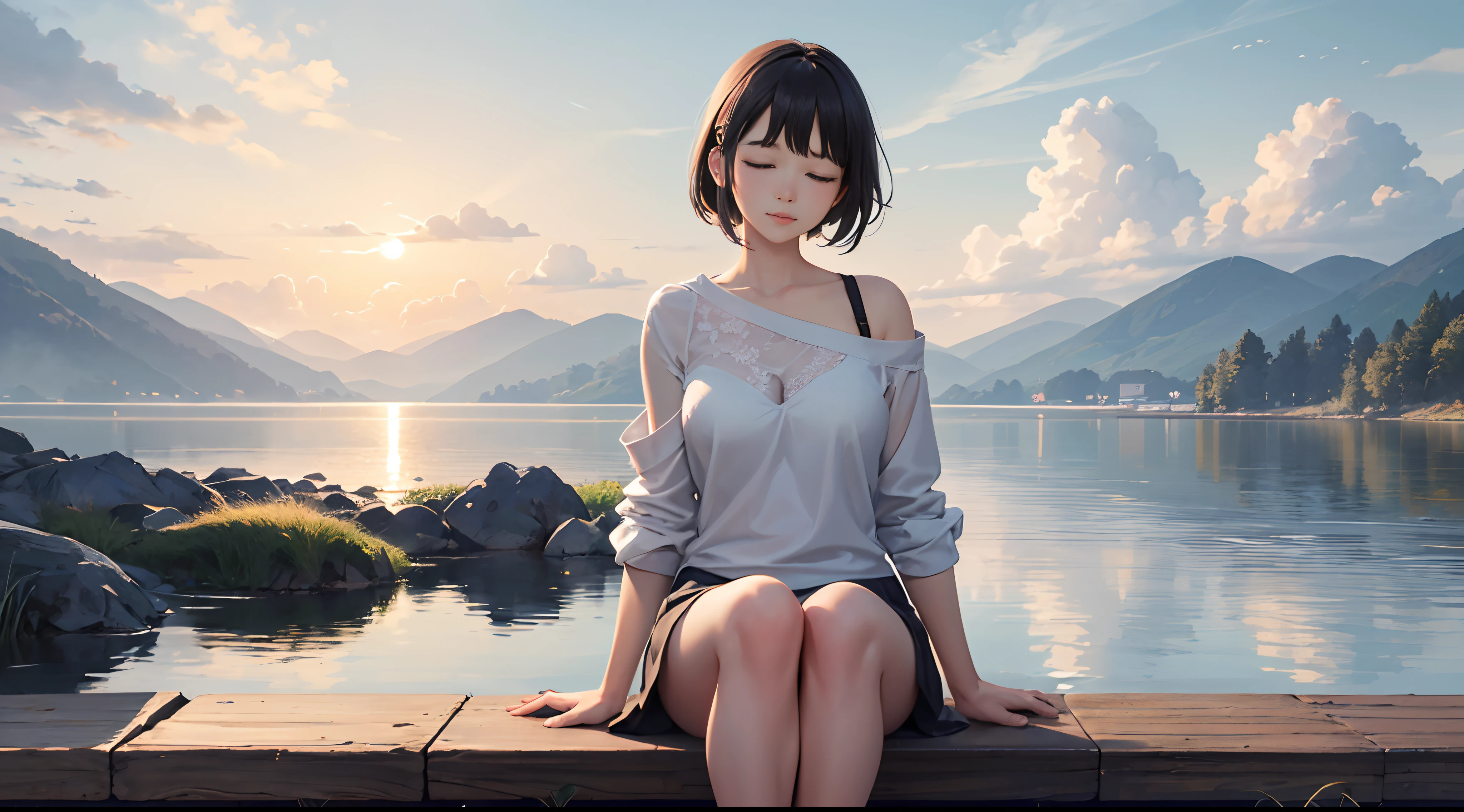 Create a digital masterpiece that captures the essence of tranquility and serenity. Incorporate either a gracefully beautiful woman in a serene natural landscape, using a harmonious blend of colors and soft textures. Your artwork should evoke a sense of inner peace and calm, inviting viewers to escape into a world of soothing beauty.