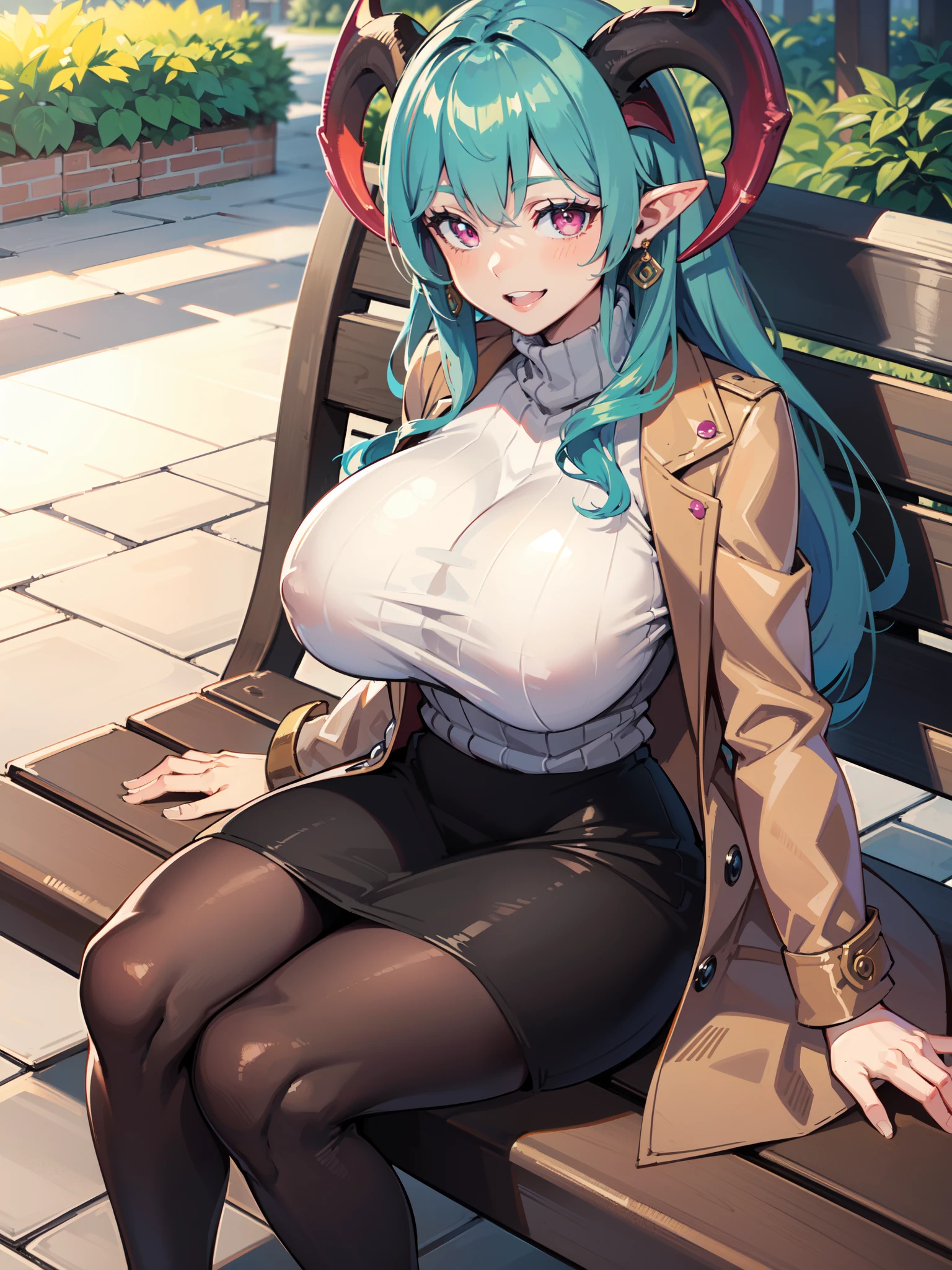 masterpiece, high quality, extremely detailed, 1girl, solo, milf, tiamat, huge breasts, aqua hair, very long hair, pink eyes, pointy ears, curled horns, long horns, huge horns, turtleneck sweater, white medium skirt, coat, black pantyhose, light smile, sitting, park bench, anime.