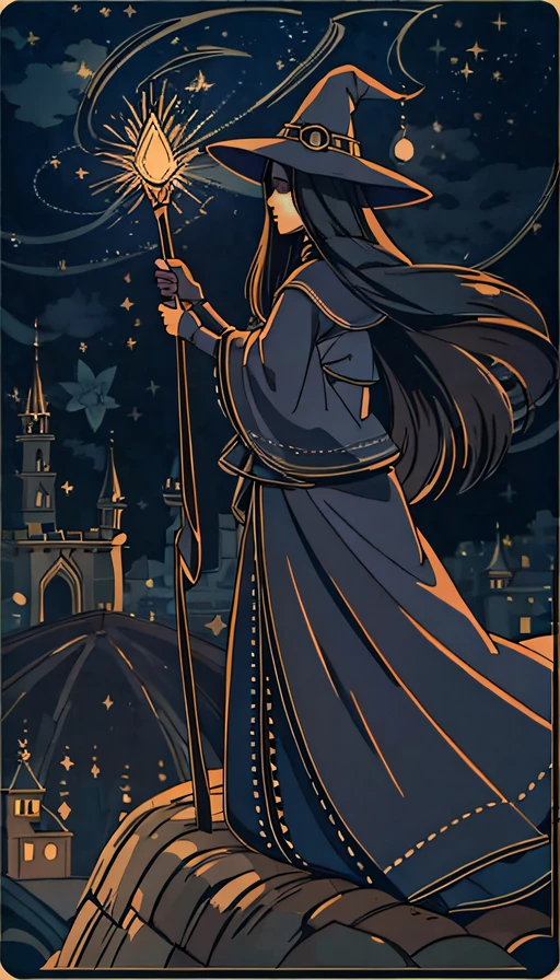 soul card, line, full shot side view, classic elder witch (holding) a broomstick, dark castle background, starry night