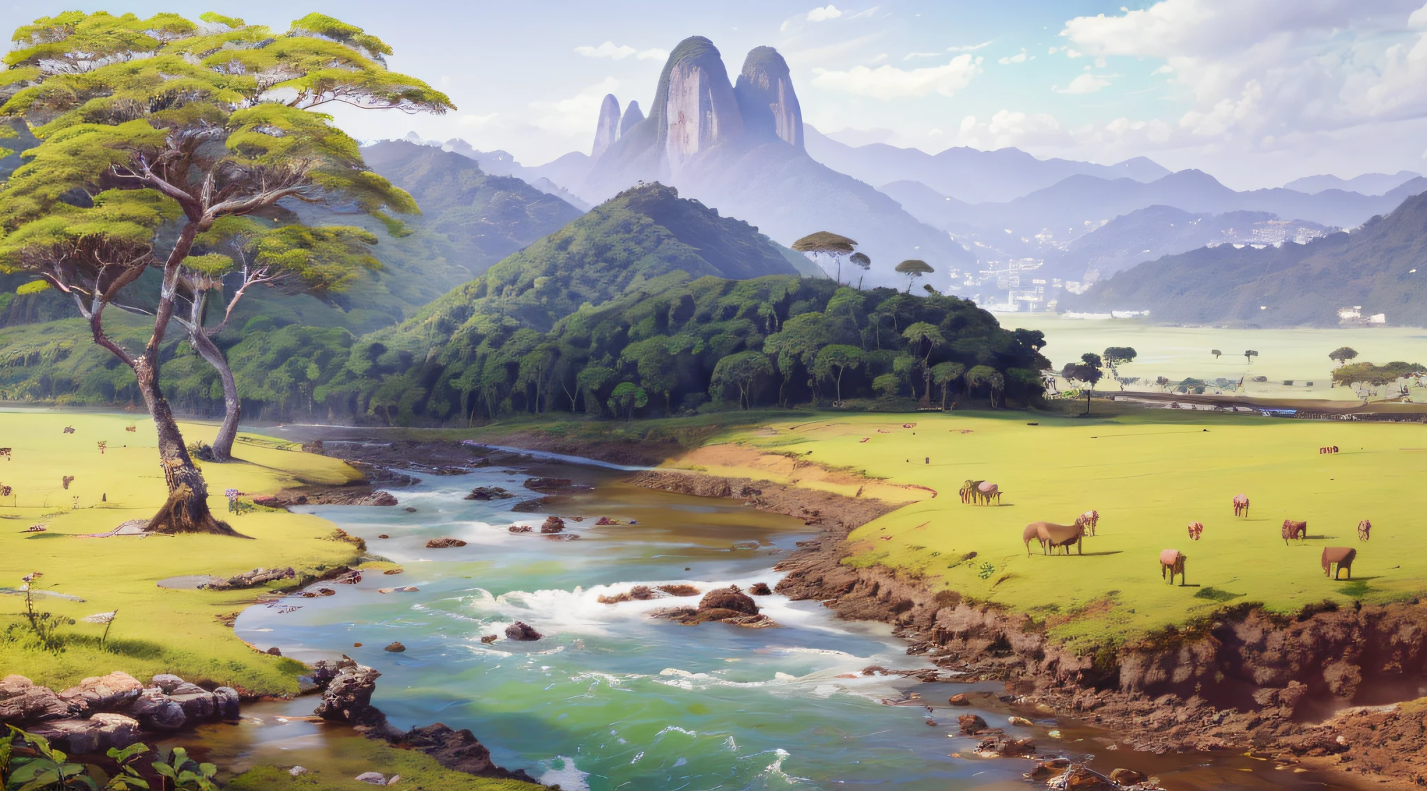 pintura de um rio que atravessa um vale verde exuberante com montanhas ao fundo, colinas fluidas, 8k resolution