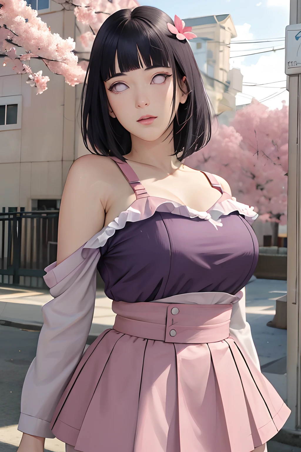 masterpiece, absurdres, hinata\(boruto\), 1girl, solo,mature female, off-shoulder strap lace bra, high waist short skirt, looking at viewer, (falling petals), perfect composition, detailed lips, big breast, beautiful face, body propotion, blush, (pink lips), long hair, purple eyes, soft gaze, super realistic, detailed, photoshoot, realistic face and body,