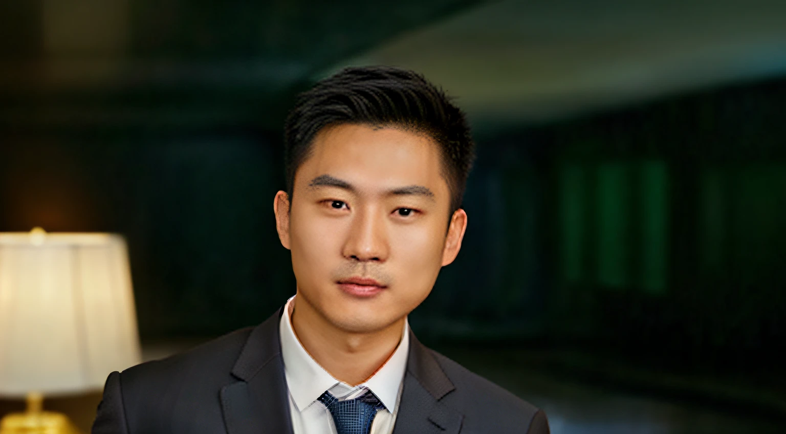 An Asian man in a suit and tie stands in a large room, Professional profile photo, professional close-up photo, kevin hou, well lit professional photo, detailed professional photo, reuben wu, ken wong, professional profile picture, professional headshot, stanley lau, David luong, corporate portait, professional corporate portrait, professional portrait, James S, corporate photo, jeremy cheung, Turn the person's perspective right，Close your mouth，angry look