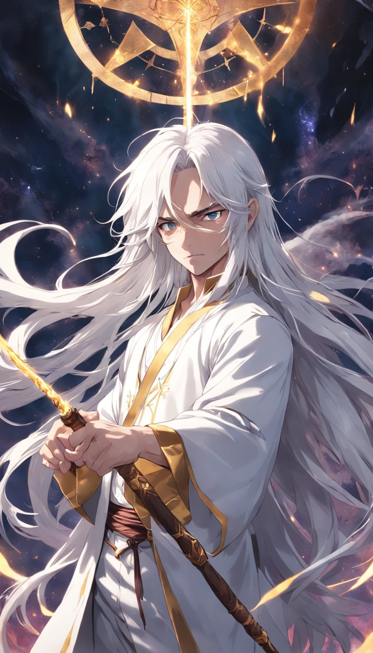 A magician，In a pure white space of your own creation，Long white hair，white  shirt，Strings of golden runes floated behind him。Holding a mahogany wand，Cast super magic