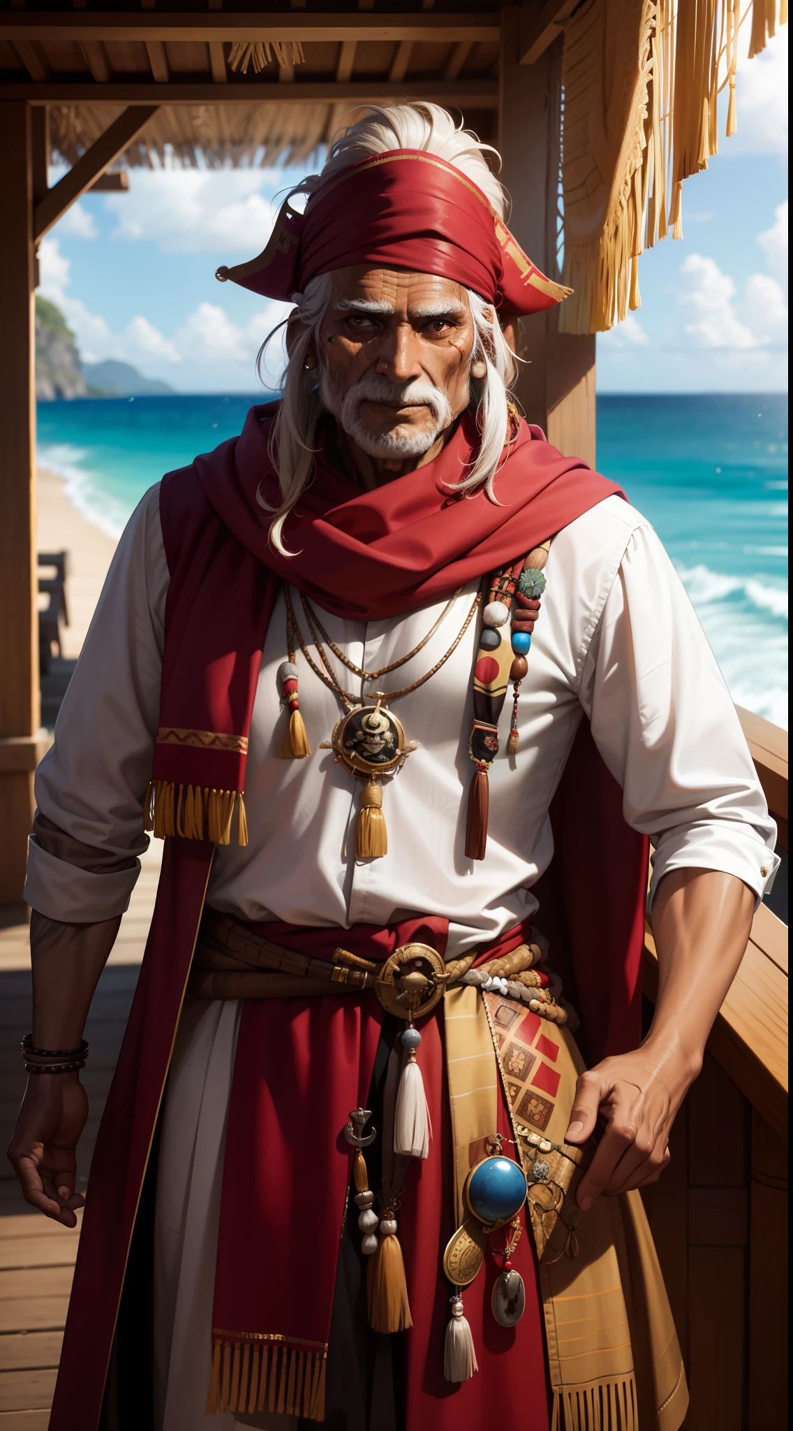 Timoji, Timoja, Pirate, Indian, 16th century, renaissance, wearing Indian Clothes, Indian scarf, man, old, very veteran pirate, wrinkle, scars on limbs and face, warlike aura, background is high waves indian ocean, grandpa, captain, brave, energetic, ambitious, opportunitist