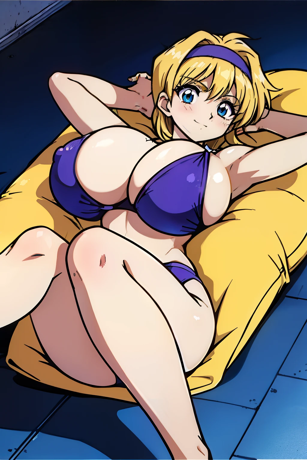 1990s anime style, 1990s cartoon style, In the art style of Nobuteru Yuki, Blonde hair, Solo, POV, head band, Inspired by Shirou Masamune, Large breasts, (breast apart:1.3), Blue competition swimsuit, Pool, retro anime, sharp, Defined lines, Detailed, makeup, Beautiful face, gorgeous eyes, (embarrassed:1.2), Closed mouth, Smile, (Lying, on  back, From below:1.3), floor, legs up