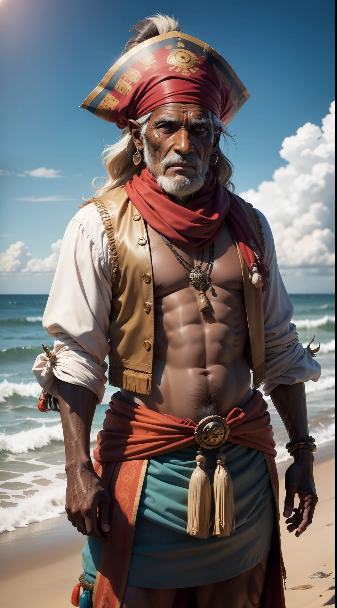 Timoji, Timoja, Pirate, Indian, 16th century, renaissance, wearing Indian Clothes, Indian scarf, man, old, very veteran pirate, wrinkle, scars on limbs and face, warlike aura, background is high waves indian ocean, grandpa, captain, brave, energetic, ambitious, opportunitist
