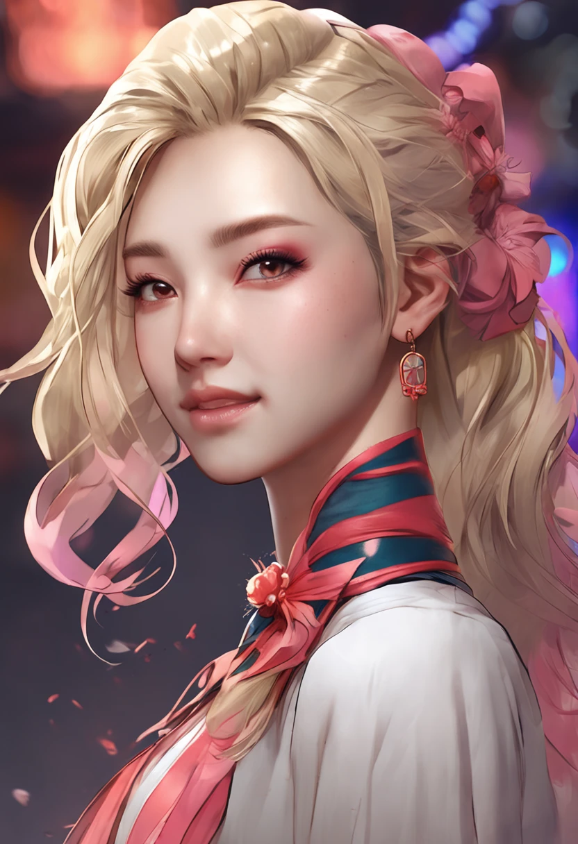 blonde hair, hair over shoulder, ribbon, color contact lenses, excited, ear blush, smile, high detail, modern, Verism, Expressionism, stereogram, chiaroscuro, character chart, atmospheric perspective, UHD, high details, textured skin, best quality, highres, 4K,Raised sexy,Japanese ancient style。