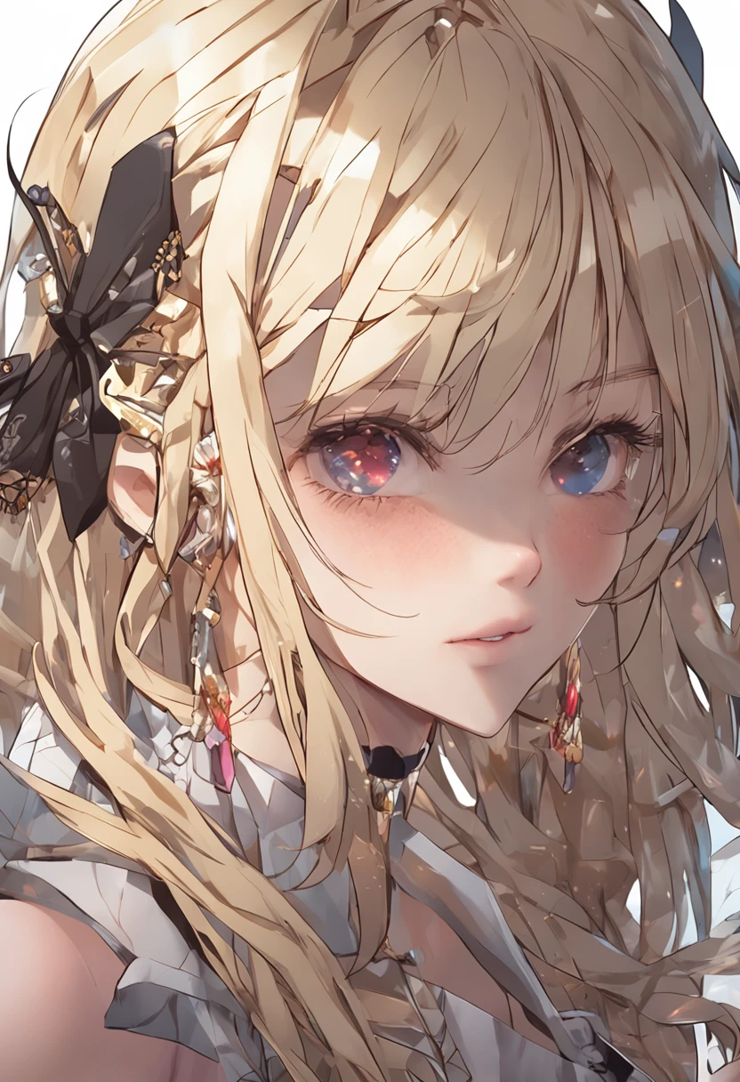 blonde hair, hair over shoulder, ribbon, color contact lenses, excited, ear blush, smile, high detail, modern, Verism, Expressionism, stereogram, chiaroscuro, character chart, atmospheric perspective, UHD, high details, textured skin, best quality, highres, 4K，Raised sexy，Japanese ancient style。
