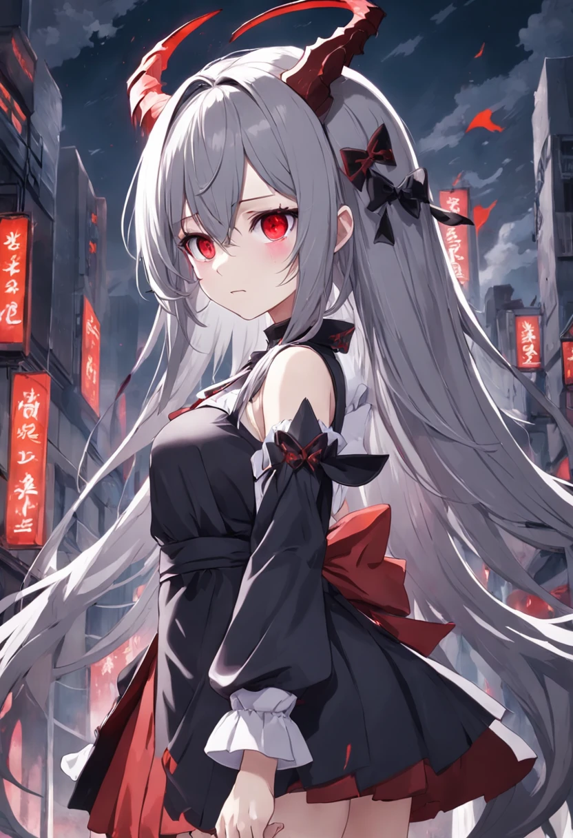 Dull hair, gray hair,Red eyes,long whitr hair,demonic horns,Broken maid outfit,Girl body type,Very cute,There are tears in the eyes,There are demon wings behind it,There was a little blood on his body,8K,No missing hands,Look into the camera,Empty eyes,Dynamic,Background of destroyed cities