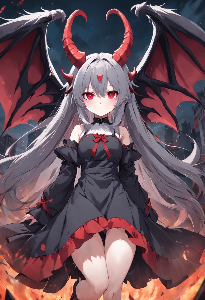 Dull hair, gray hair,Red eyes,long whitr hair,demonic horns,Broken maid outfit,Girl body type,Very cute,There are tears in the eyes,There are demon wings behind it,There was a little blood on his body,8K,No missing hands,Look into the camera,Empty eyes,Dynamic,Background of destroyed cities