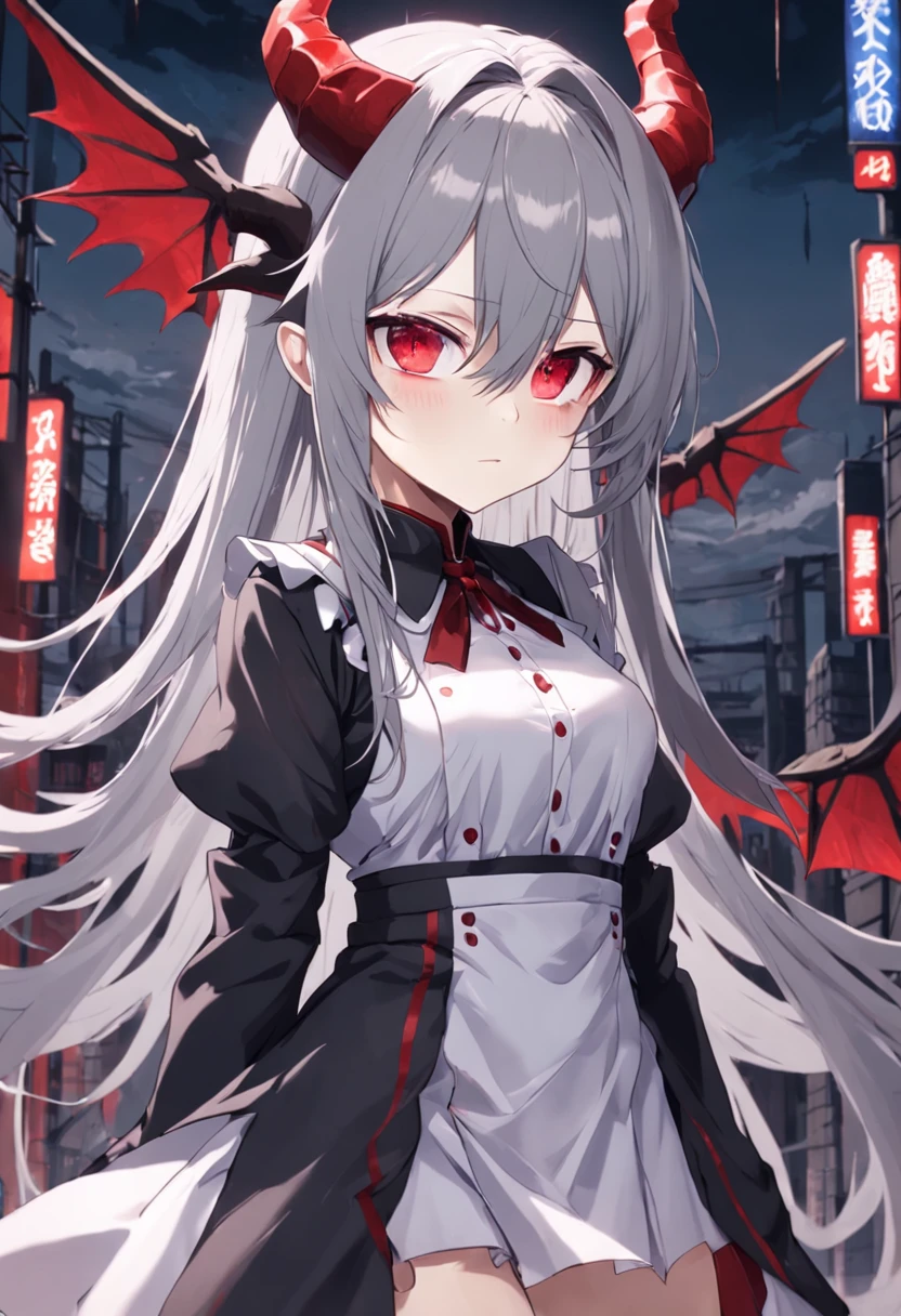 Dull hair, gray hair,Red eyes,long whitr hair,demonic horns,Broken maid outfit,Girl body type,Very cute,There are tears in the eyes,There are demon wings behind it,There was a little blood on his body,8K,No missing hands,Look into the camera,Empty eyes,Dynamic,Background of destroyed cities
