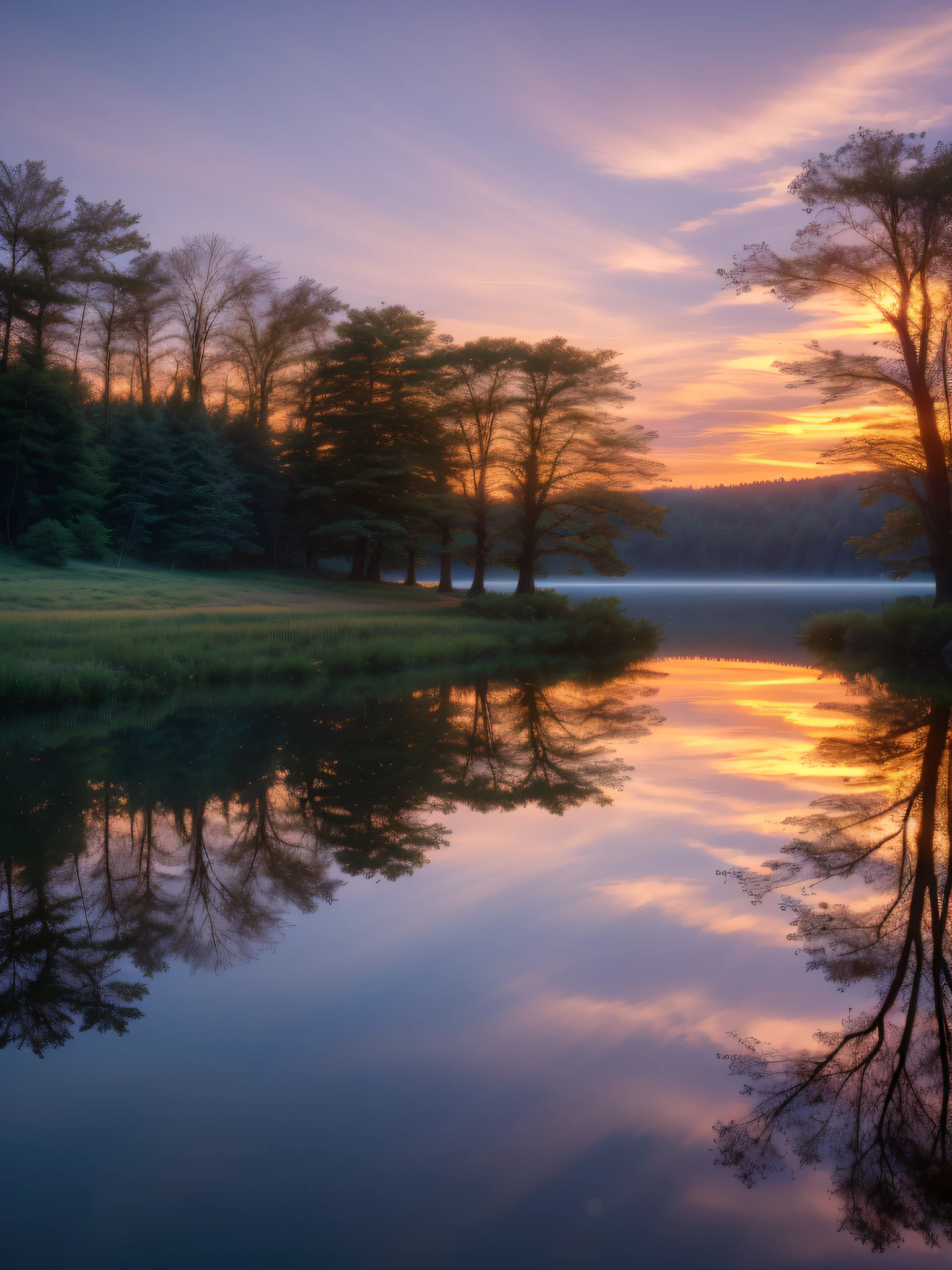 Wallpaper, summer, lake, dawn, forest, clouds, dawn background, depth of field, HD detail, hyperdetail, cinematic, soft light, deep field focus bokeh, ray tracing, diffuse (ultra-fine glass reflection) and realism. --v6