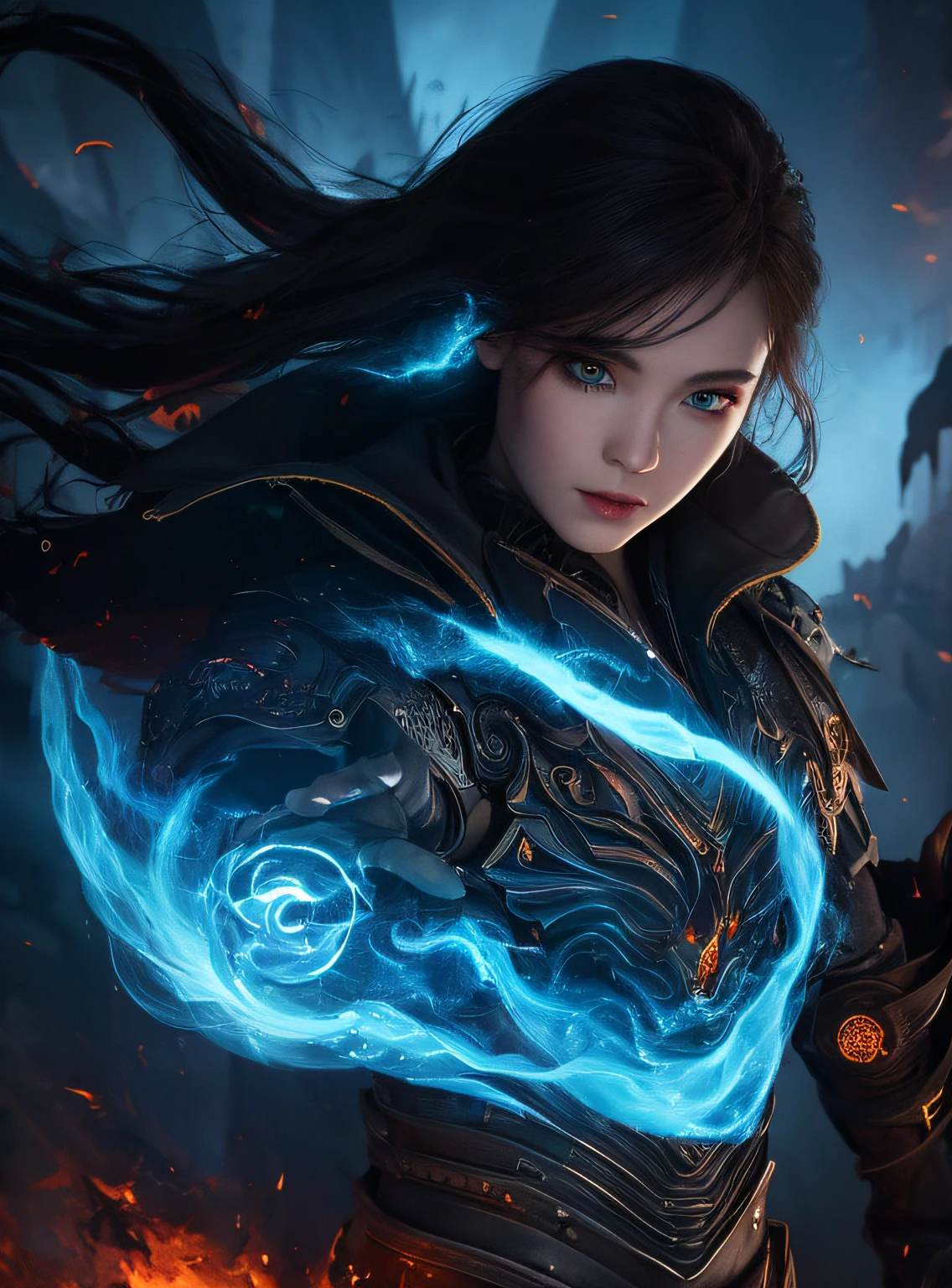 1girl,solo,masterpiece, best quality,fantasy,dark,shadow,
face is important,boy is important,eyes are important,rThe character is the main body of the work,(upper body),
flames,ruins, swirling magic,