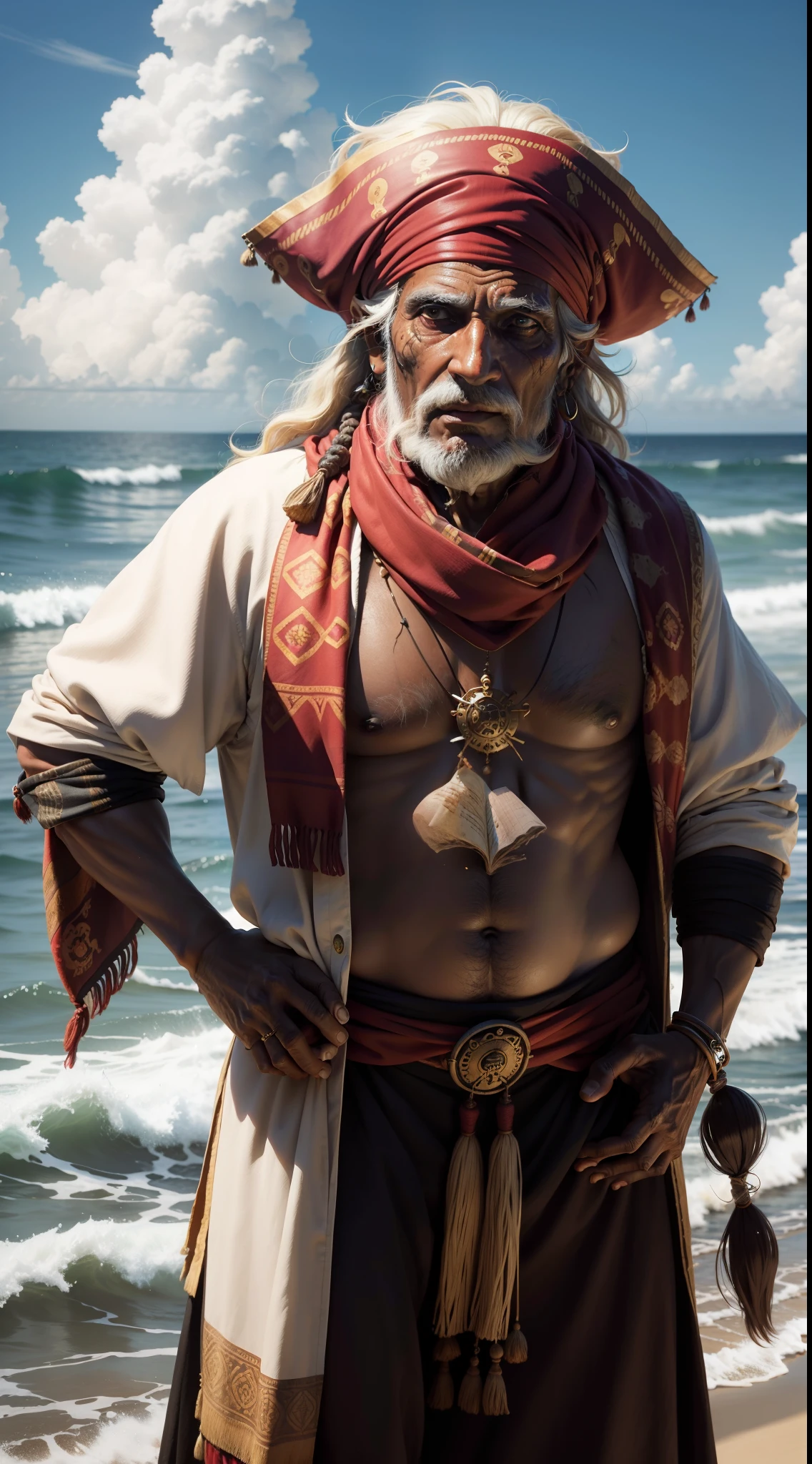 Timoji, Timoja, Pirate, Indian, 16th century, renaissance, wearing Indian Clothes, Indian scarf, man, old, very veteran pirate, wrinkle, scars on limbs and face, warlike aura, background is high waves indian ocean, grandpa, captain, brave, energetic, ambitious, opportunitist