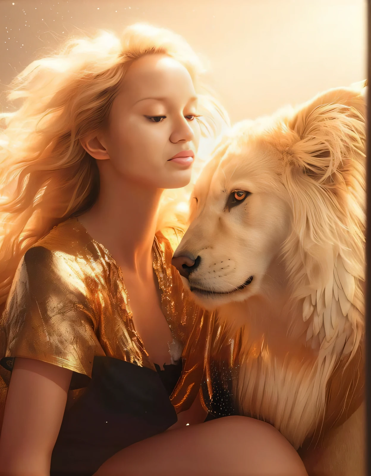 Blonde woman with golden dress and white dog in front of her, gorgeous goddess of leo, with the mane of a lion, majestoso!!! Beautiful!!!, Directed by: Derek Zabrocki, lindo e lindo, Magali Villeneuve», mulher linda, awesome art, lindo lindo, lindo lindo, arte realista, leoa, lion mane, incrivelmente bonito, Beautiful woman