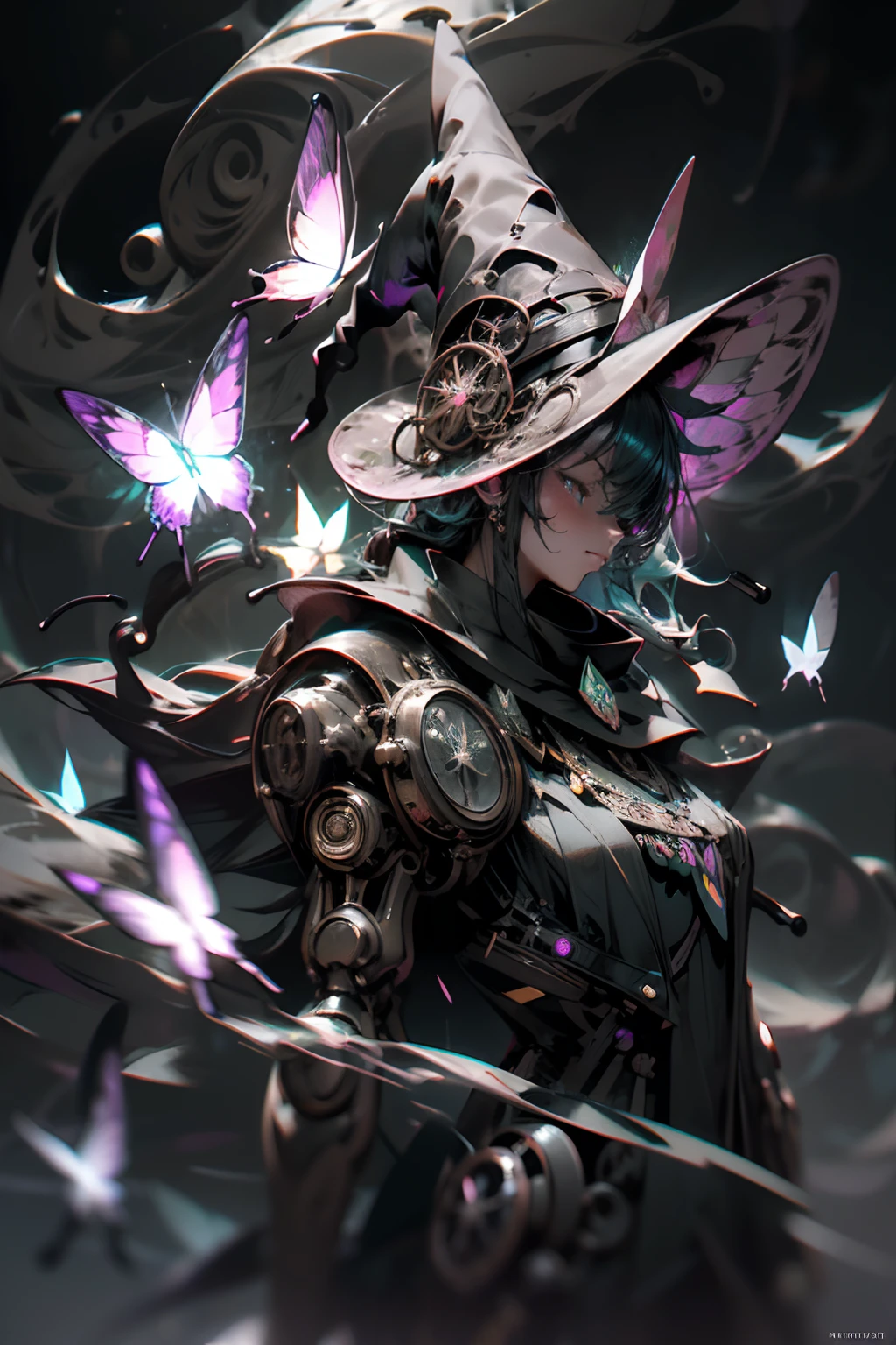 photorealistic illustration, (radial blur with swirl blur:1.5), (cool pose:1.1), (baby face:0.8), (witch girl:1.4), (mechanical witch hat:1.4), steampunk, biopunk, bioluminescent, magic, photorealism, absurd resolution, chromatic aberration, magnificent panorama view, black light and gel painting digital art, concept art, color contrast, very bold colors, intricate surface detail, texture, detailed, skin, cinematic still and lighting, elegant, marvelous, integrity, beautiful, associate atmosphere, holographic rendering, extremely finely detailed, epic high quality, insanely beautiful illustration, (best quality:1.2), (dark palette neon butterfly lighting:1.4),