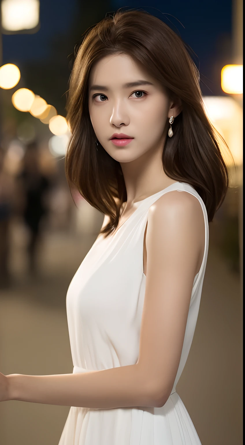 ((Realistic lighting, Best quality, 8K, Masterpiece: 1.3)), (Clear focus), 1girl, (Perfect beauty:1.4), (Slim abs), ((LIGHT brown hair)),
Strapless(White(Deep V-Neck:1.2)Short Dress), (Outdoor, Night:1.1), Park view, Super fine face, Fine eyes, Double eyelids,
