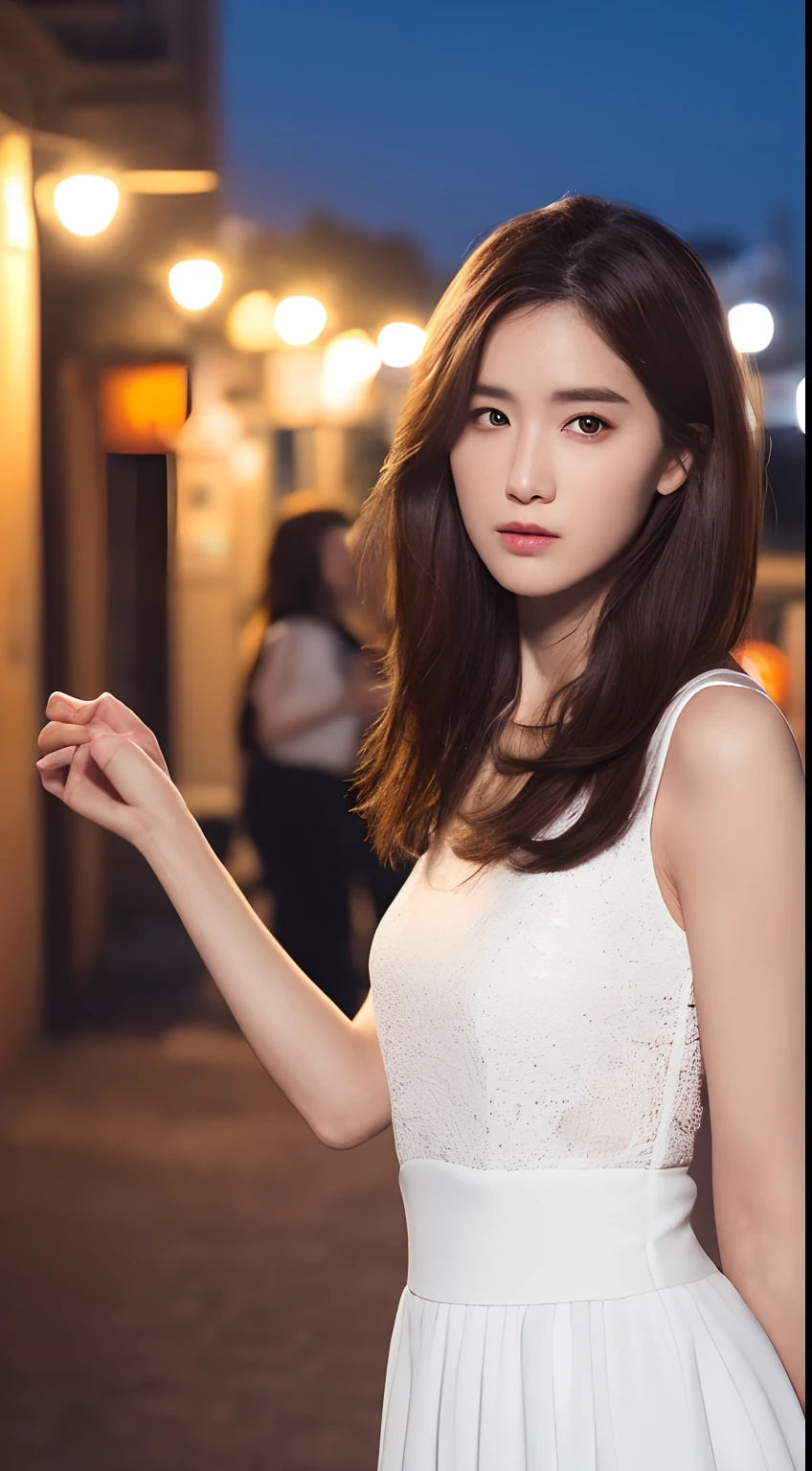 ((Realistic lighting, Best quality, 8K, Masterpiece: 1.3)), Focus: 1.2, 1girl, Perfect Figure: 1.4, Slim Abs: 1.1, ((Dark brown hair)), (White dress: 1.4), (Outdoor, Night: 1.1), City streets, Super fine face, Fine eyes, Double eyelids,