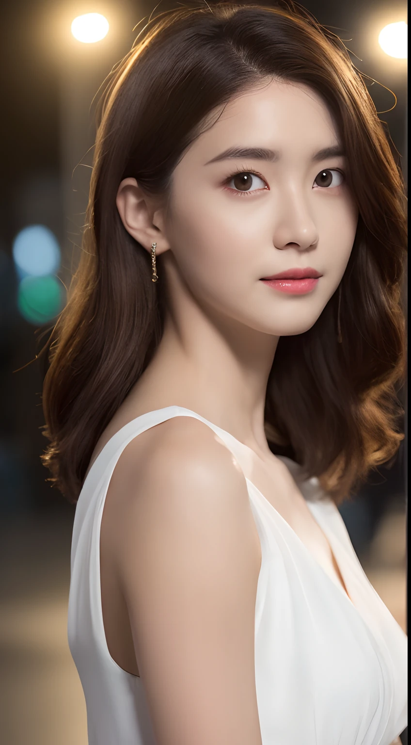 ((Realistic lighting, Best quality, 8K, Masterpiece: 1.3)), Focus: 1.2, 1girl, Perfect Figure: 1.4, Slim Abs: 1.1, ((Dark brown hair)), (White dress: 1.4), (Outdoor, Night: 1.1), City streets, Super fine face, Fine eyes, Double eyelids,