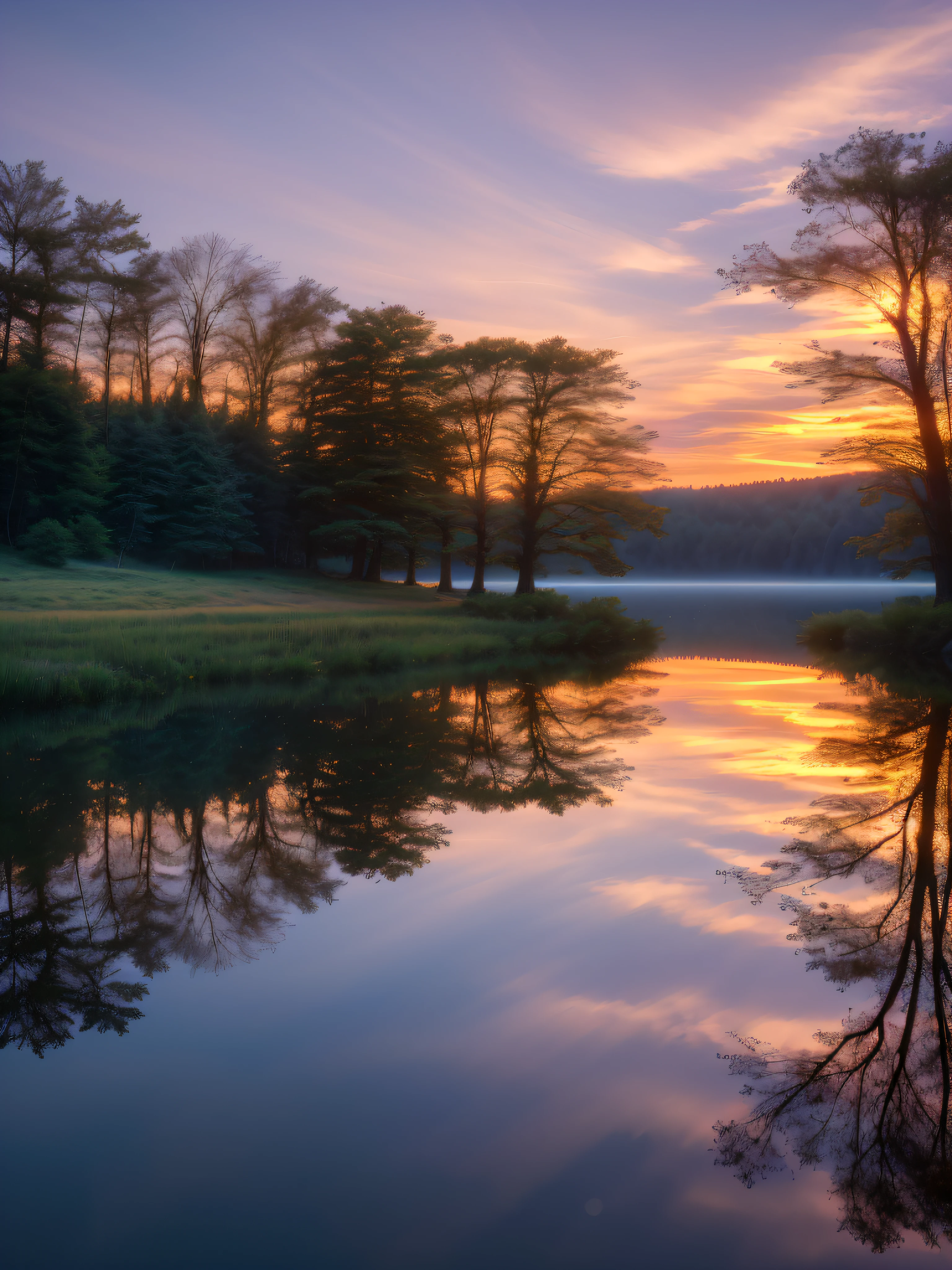 Wallpaper, summer, lake, dawn, forest, clouds, dawn background, depth of field, HD detail, hyperdetail, cinematic, soft light, deep field focus bokeh, ray tracing, diffuse (ultra-fine glass reflection) and realism. --v6