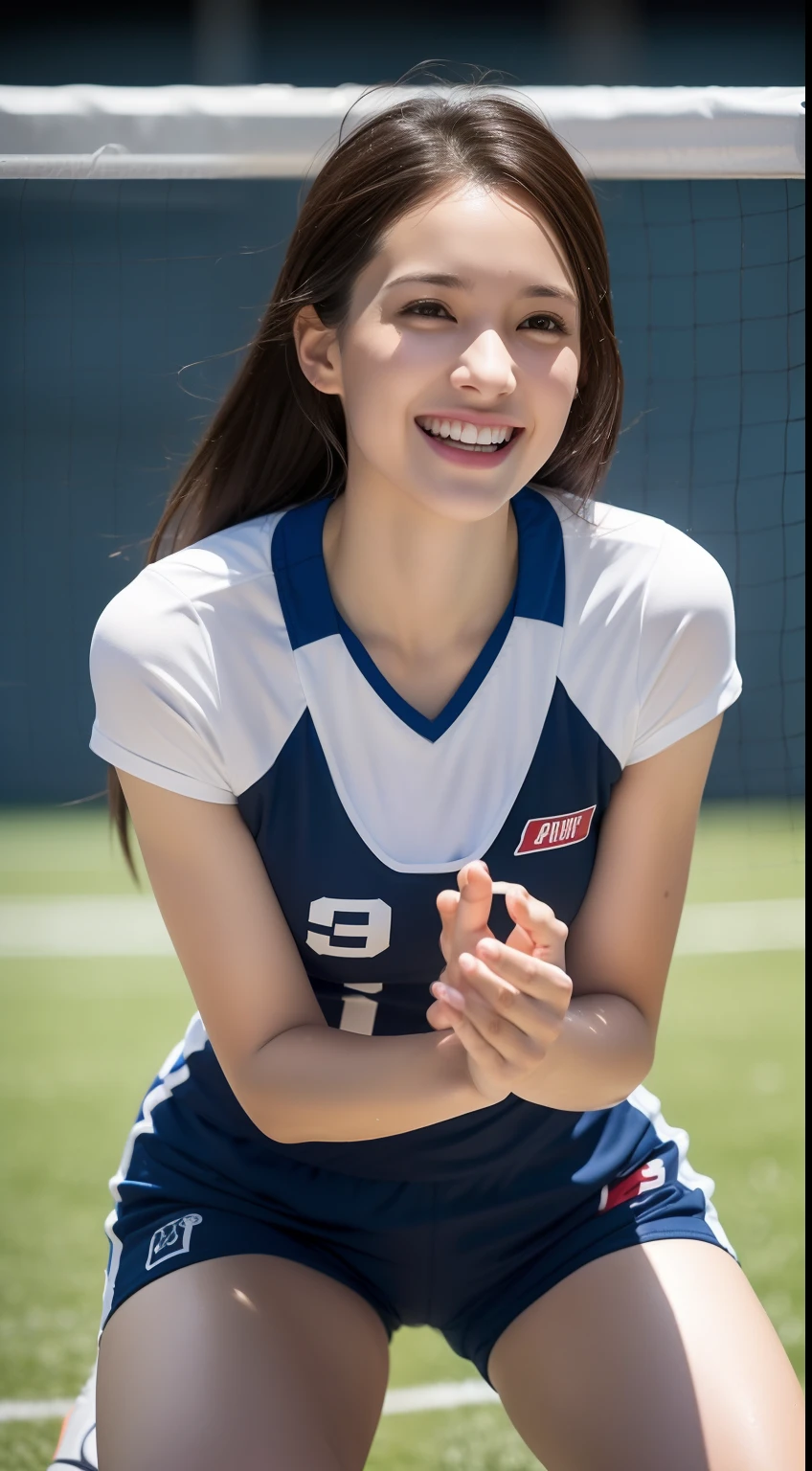 best quality, 1 beautiful female student, , playing basketball in gym, energetic, smiling, dynamic pose, bright lighting, high detail