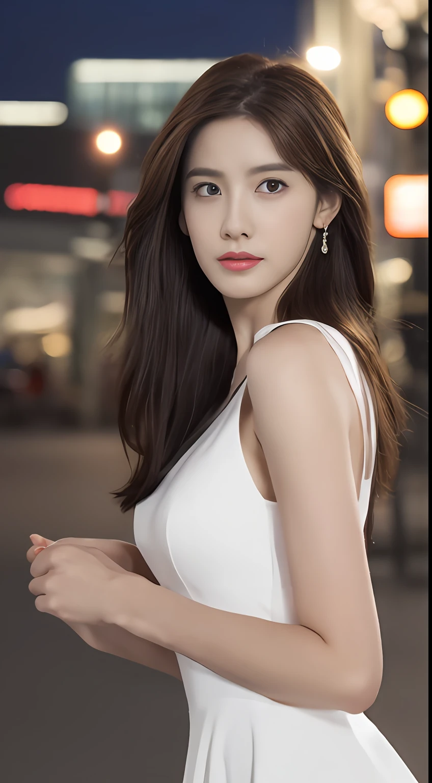 ((Realistic lighting, Best quality, 8K, Masterpiece: 1.3)), Focus: 1.2, 1girl, Perfect Figure: 1.4, Slim Abs: 1.1, ((Dark brown hair)), (White dress: 1.4), (Outdoor, Night: 1.1), City streets, Super fine face, Fine eyes, Double eyelids,