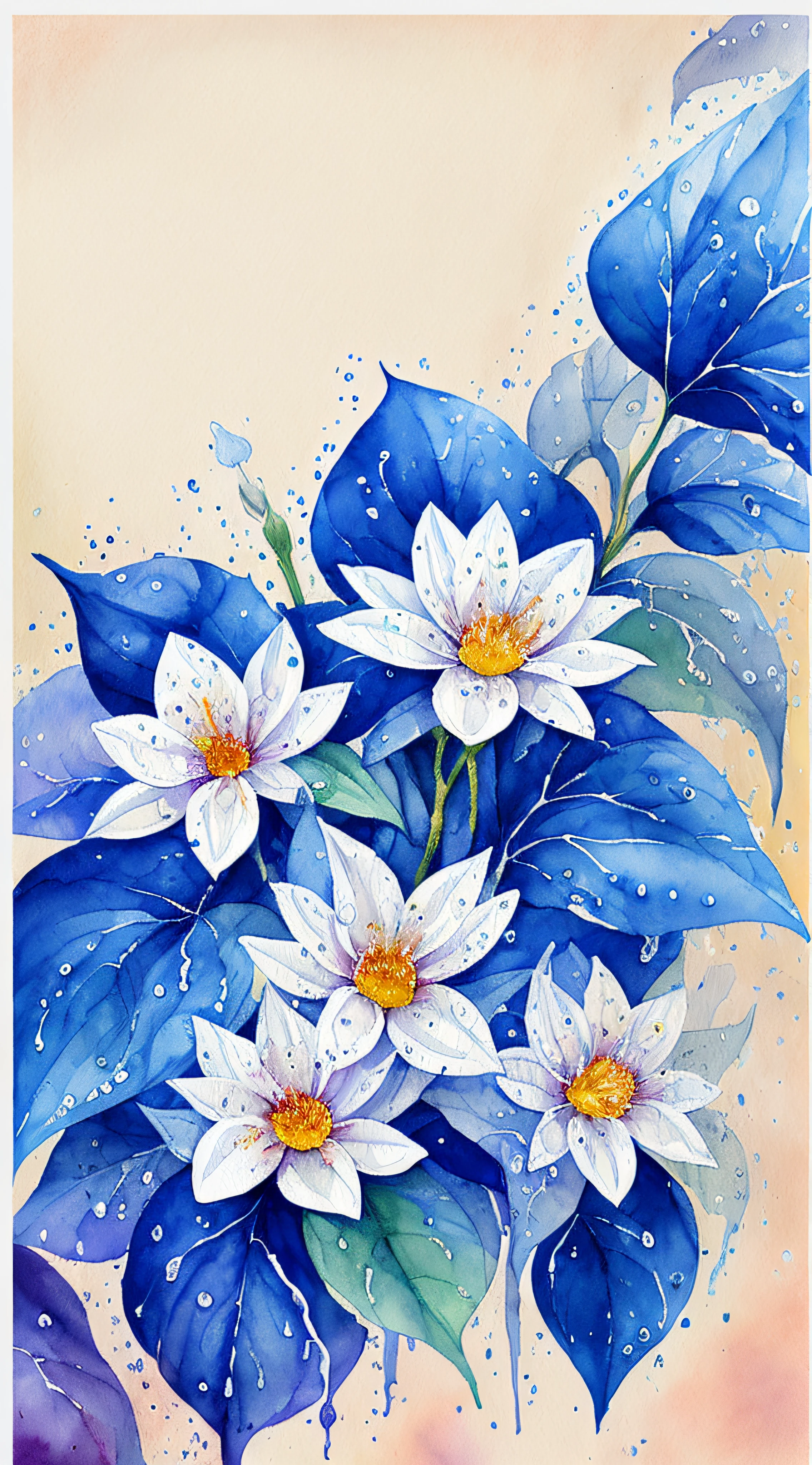 watercolor, flower, jasmine, beautiful, watercolor style, flower and leaf patterns, wet on wet technique, muted, indigo, fabric design, flat illustration, highly detailed clean, vector image, masterpiece, professional, isometric, bright vector, white background, dry brush, brush strokes, painted on canvas, by J.M.W. Turner. expressive marks.