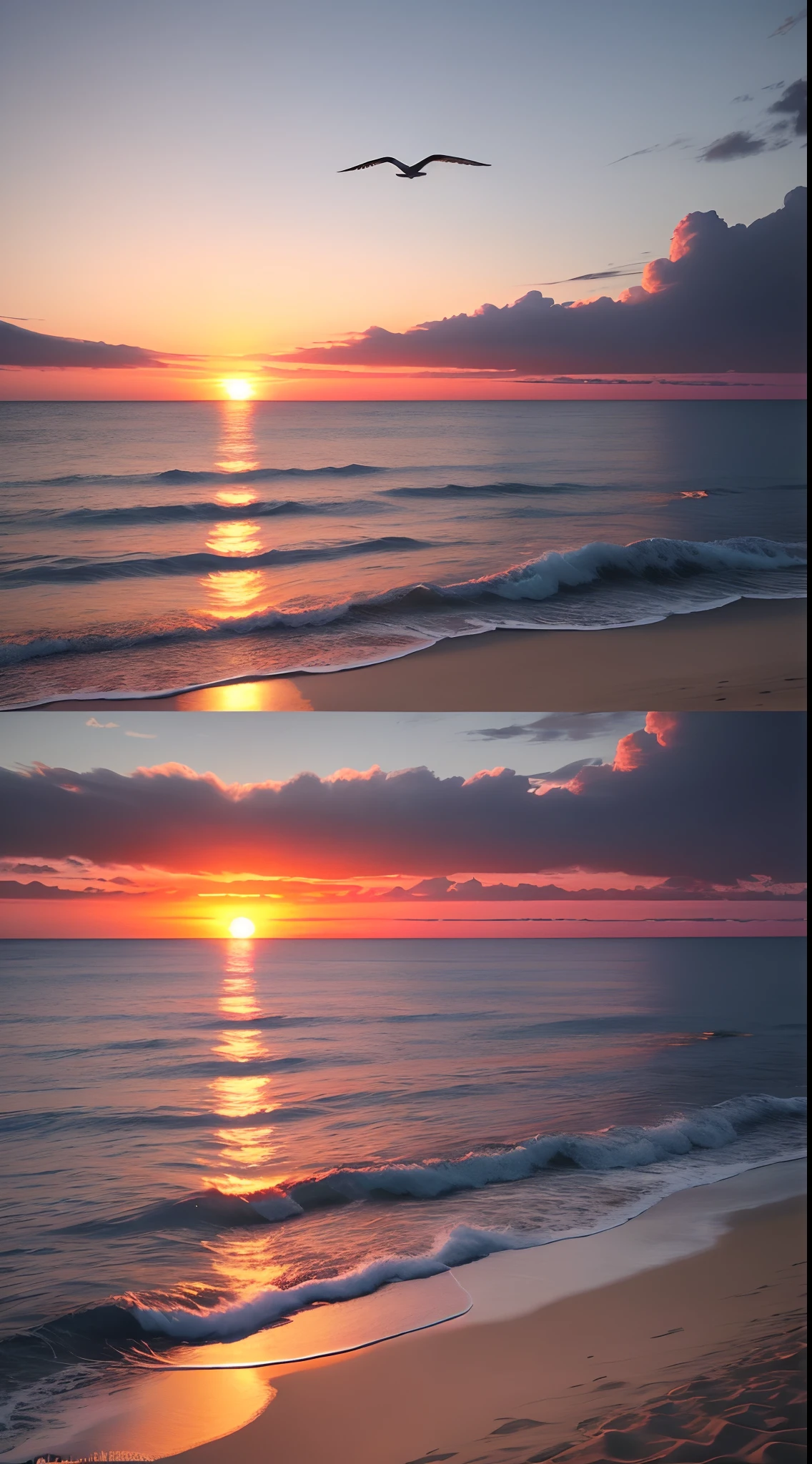 There is an absolutely fascinating sunset on the beach, and the sky is a mixture of orange, pink and yellow. The sea is crystal clear, kissing the shore gently, and the white beach is endless. The scene is very dynamic and breathtaking, with seagulls soaring high in the air and palm trees swaying gently. Immerse yourself in a calm atmosphere and let serenity cover you.