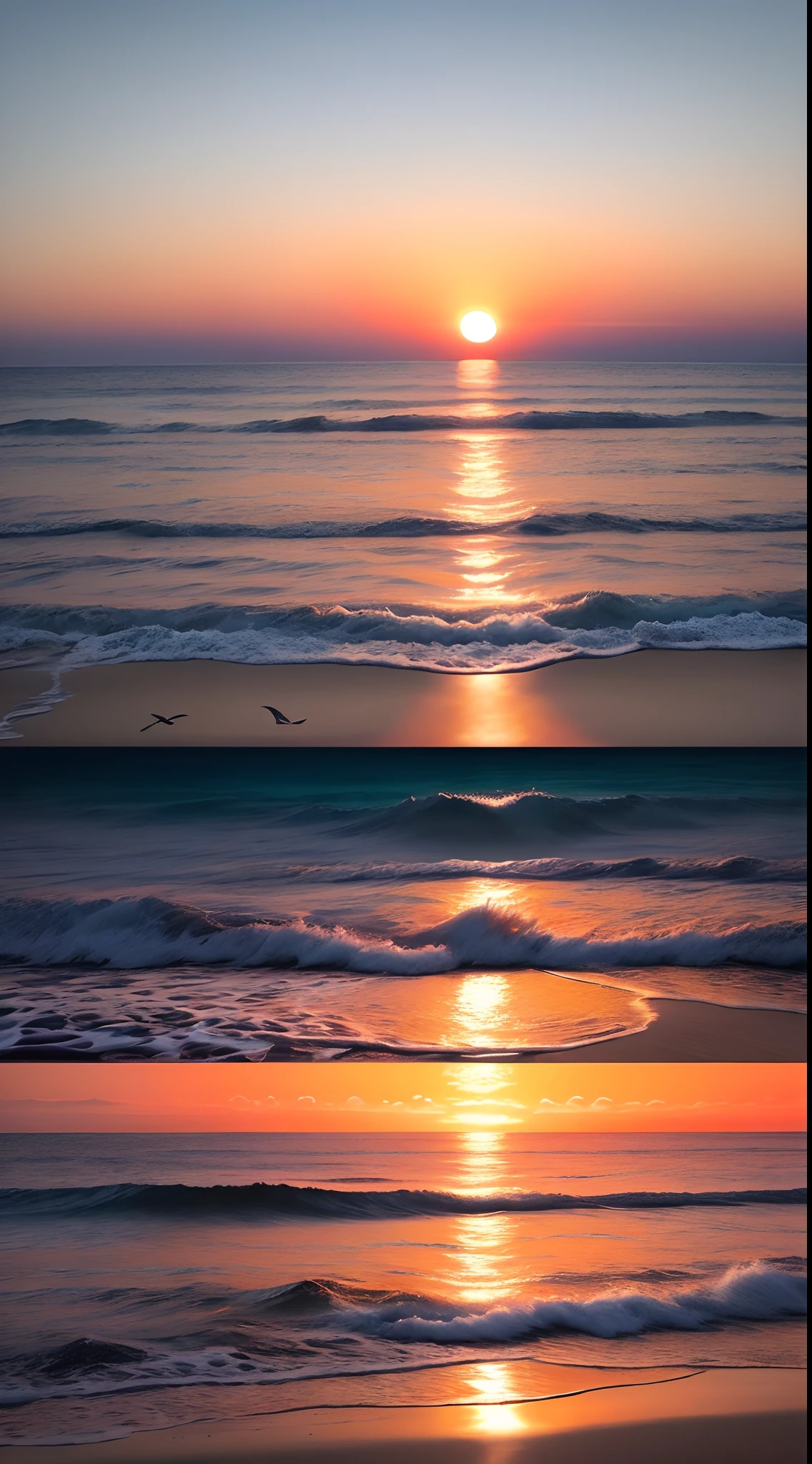 There is an absolutely fascinating sunset on the beach, and the sky is a mixture of orange, pink and yellow. The sea is crystal clear, kissing the shore gently, and the white beach is endless. The scene is very dynamic and breathtaking, with seagulls soaring high in the air and palm trees swaying gently. Immerse yourself in a calm atmosphere and let serenity cover you.