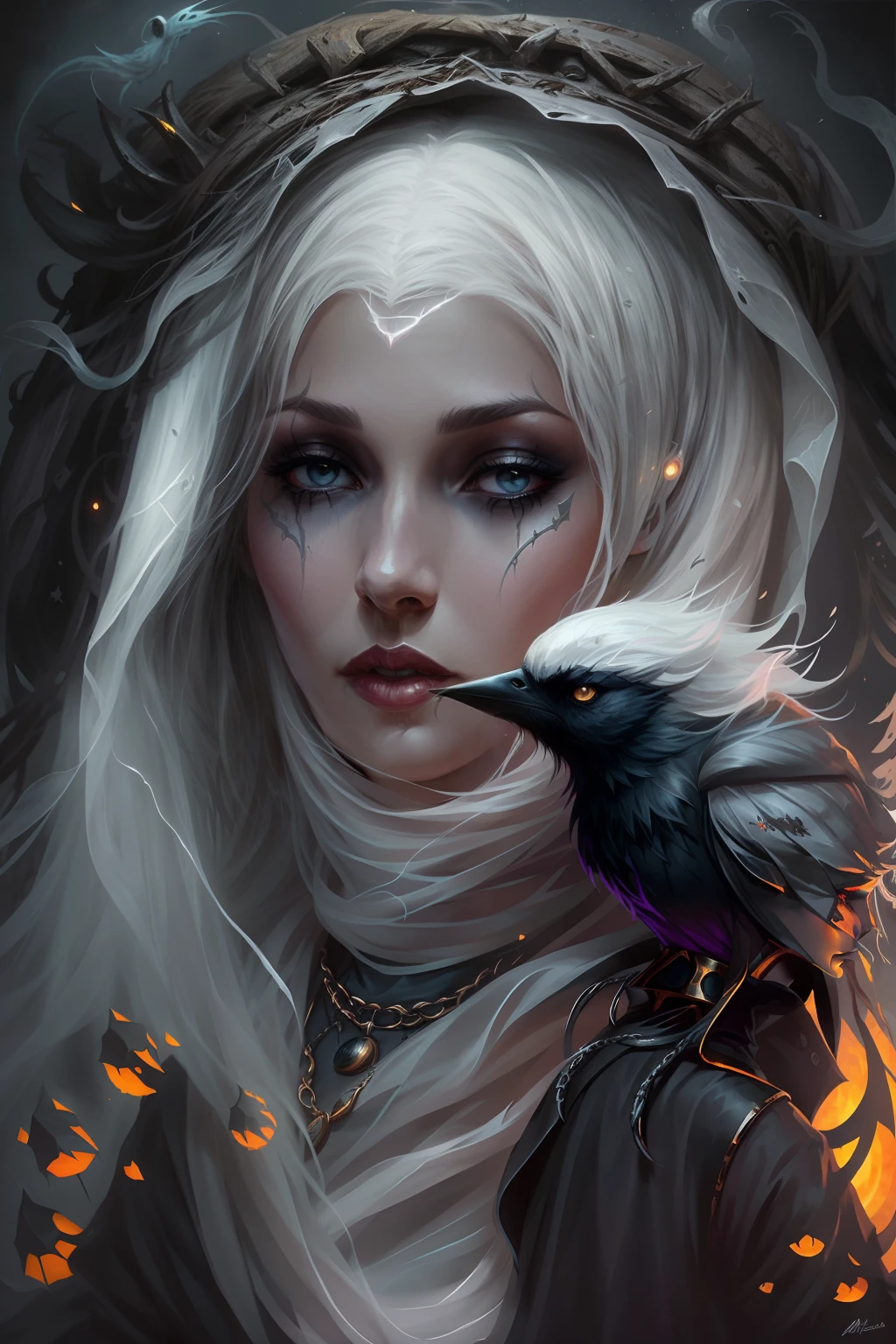 （tmasterpiece）， （best qualtiy）， Forcing Allah righteousness，Surrealist school of detailing，photorealestic， ultra - detailed， 16K resolution， （1 Old Hag）， 独奏， White hair， Front light， cinematric light， cold light， mistic， fanciful， pumkin，The old witch sat on the Cadillau chair with the crow in her arms，Holding a crow，insidious，cunning，unholy，Avareza，shifty，haggard，Epic fantasy digital art style,, Rosla global lighting, Epic gothic fantasy art style，k hd, artgerm julie bell beeple, artgerm and rossdraws, Fantasy wizard woman, Epic dark fantasy art style