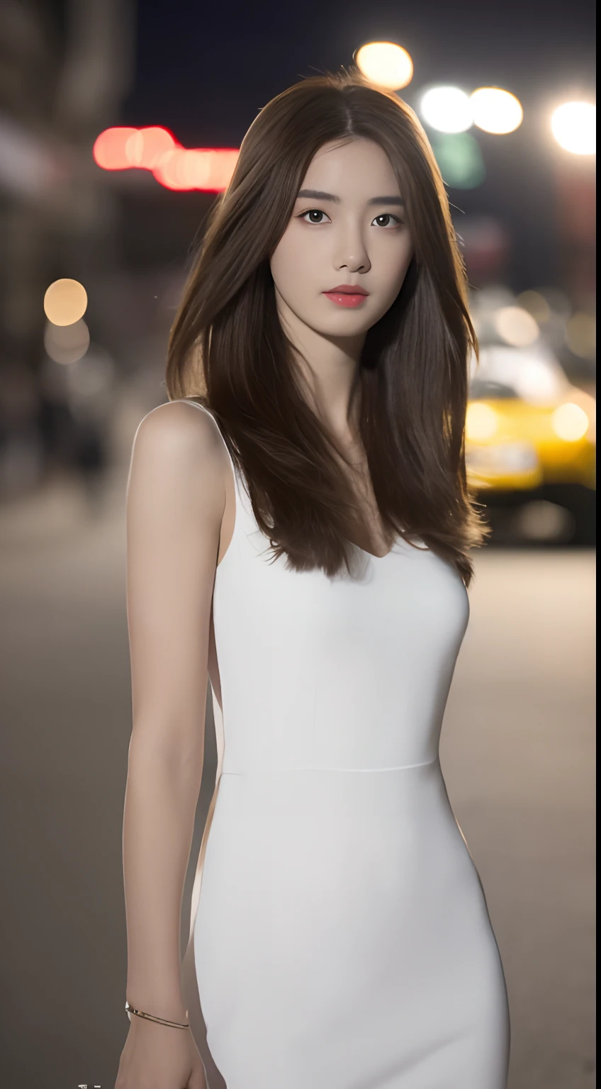 ((Realistic lighting, Best quality, 8K, Masterpiece: 1.3)), Focus: 1.2, 1girl, Perfect Figure: 1.4, Slim Abs: 1.1, ((Dark brown hair)), (White dress: 1.4), (Outdoor, Night: 1.1), City streets, Super fine face, Fine eyes, Double eyelids,