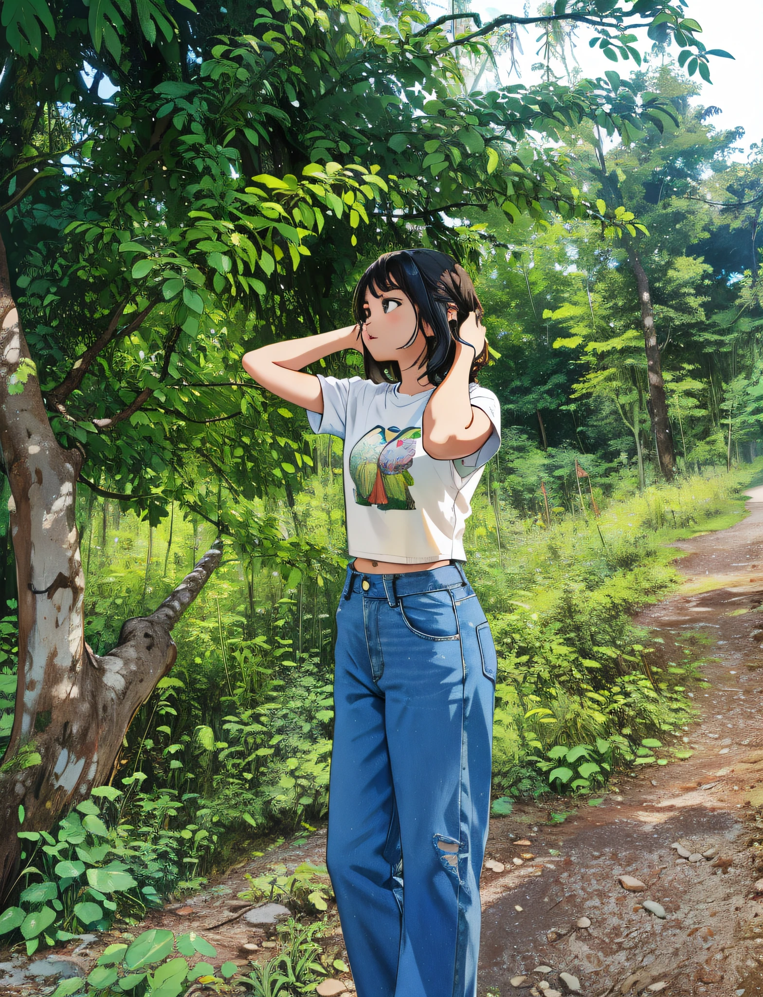 arafed girl standing in front of a tree with her hands on her head, kawaii shirt and jeans, wearing crop top, with ripped crop t - shirt, with a tall tree, next to a tree, standing in the forrest, in jungle, in harmony with nature, croptop, standing in an apple orchard, in front of a forest background