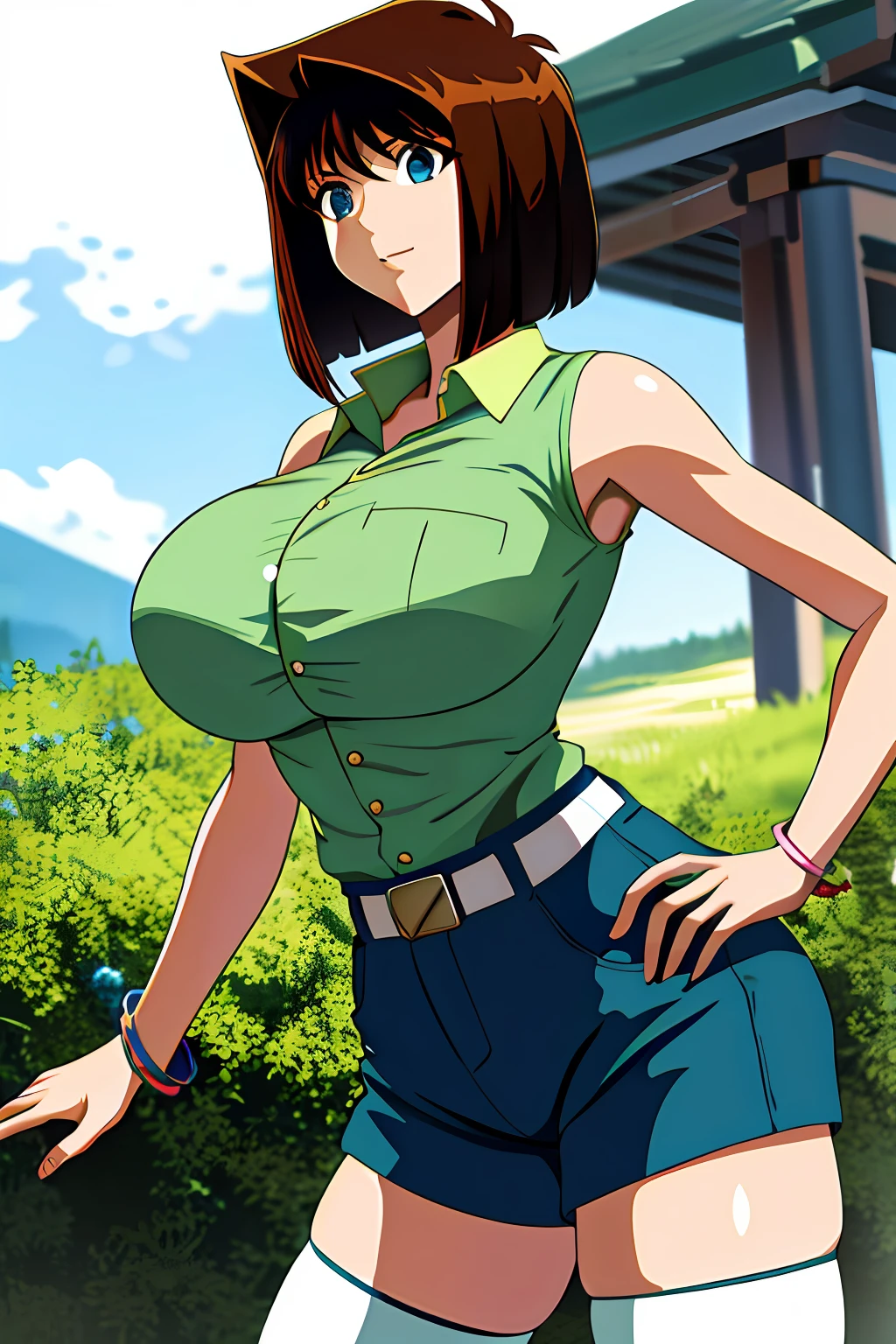 Masterpiece, Best quality, A high resolution, Amazaki, (Antenna hair:1.2), Huge breasts, Green shirt, Sleeveless, Bracelet, belt, Blue shorts, white thighhighs, Cowboy shot, standing, Outdoors,