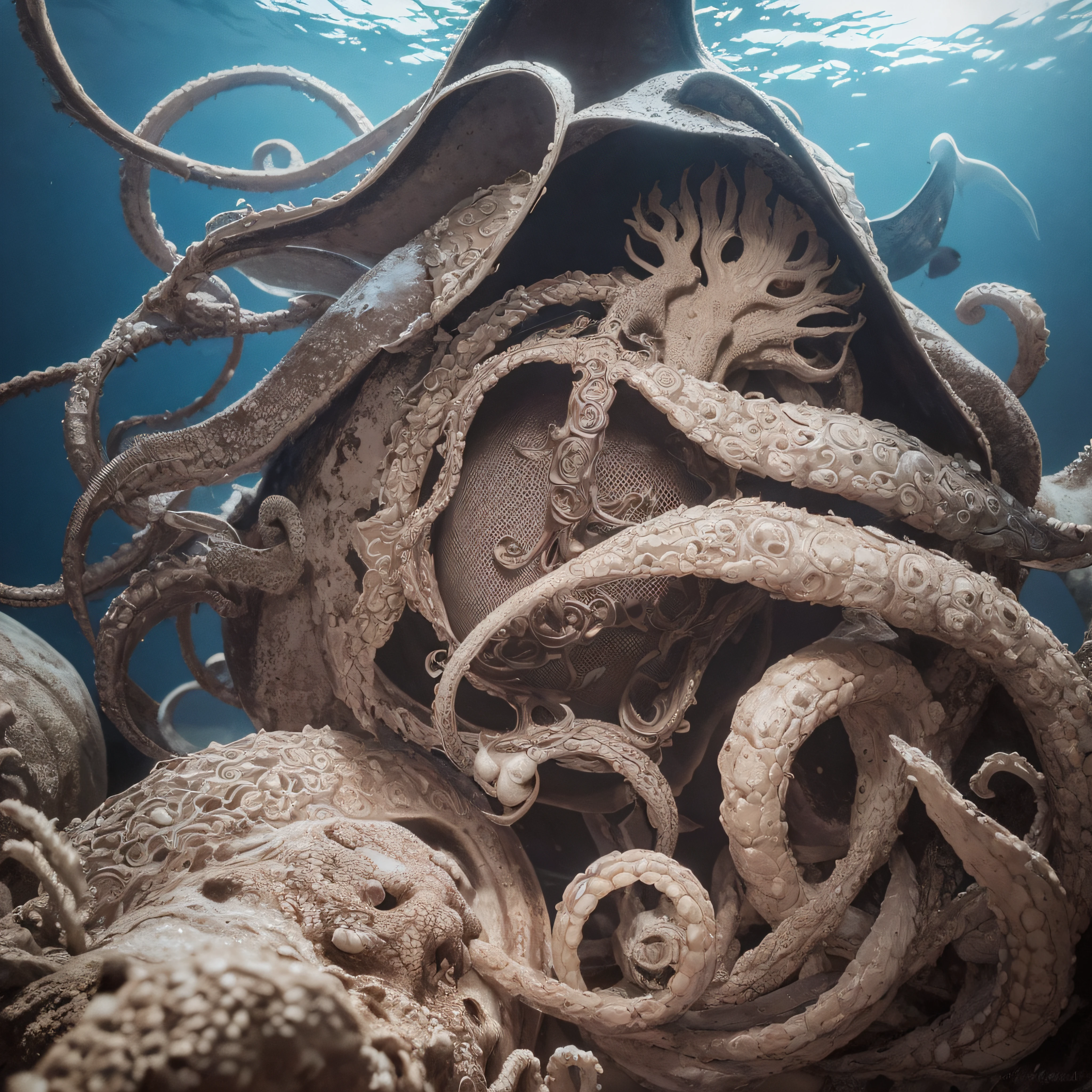 (extremadamente detallado, obra maestra, La mejor calidad, Under the Ocean), Estilo oscuro, volumetric illumination. armadura medieval, rostro con arrugas, lengua larga, tentacle, deforme, imagen submarina vista desde el exterior, pico de pulpo amenazante. manchas de tinta. Rococo composition. Luz de caravaggio