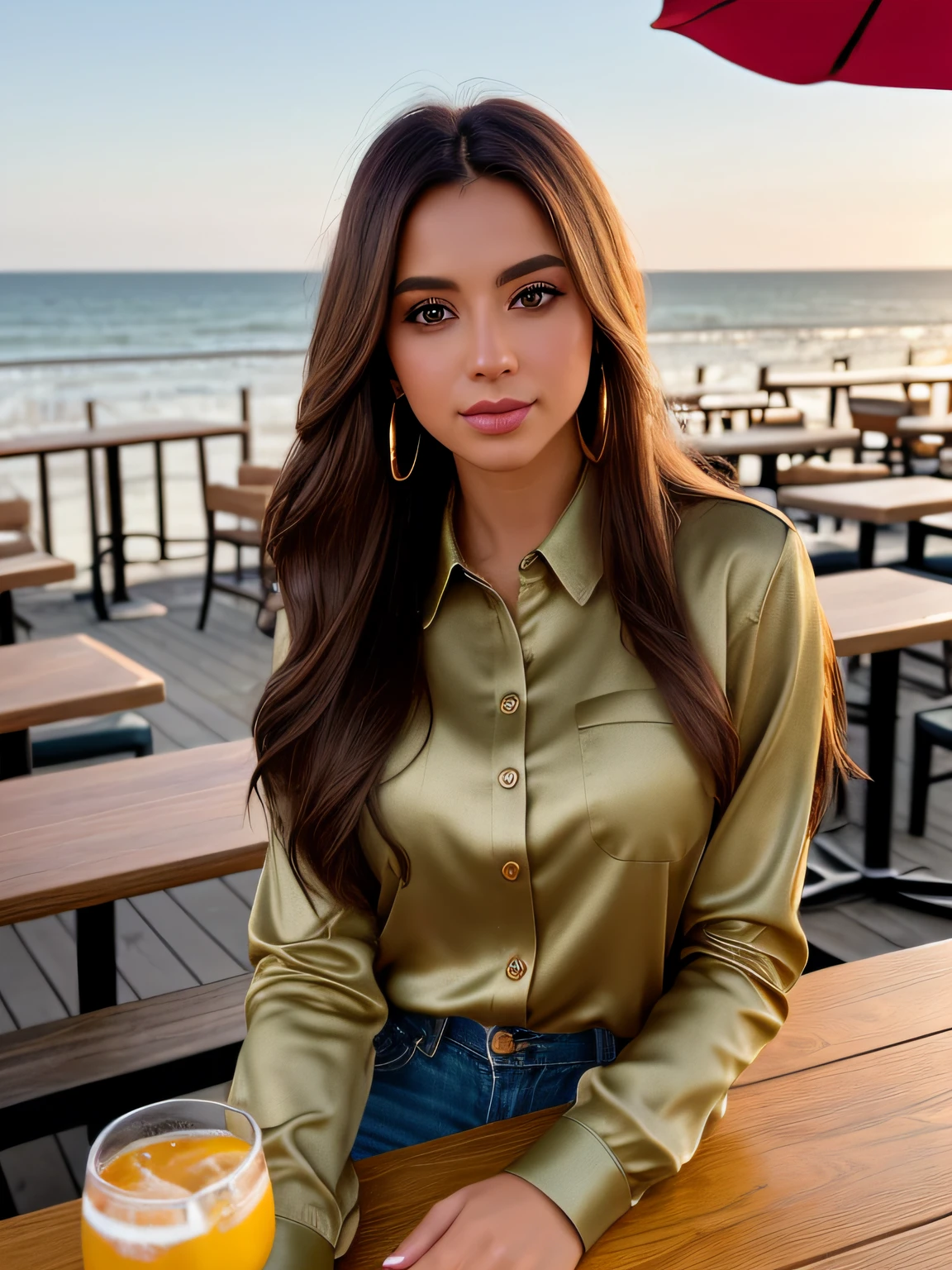 photo of (sh0hreh:0.99), a stunning beautiful young woman, green eyes, long messy windy light brown hair, closeup zoomed in tight crop portrait, sitting at a (table on a seaside boardwalk cafe bar drinks cocktails:1.2) wearing a (red designer long sleeve shirt:1.3) (drinks on table:1.3) (Lighting-Gold:1.2) foreground objects background details (masterpiece:1.2) (photorealistic:1.2) (bokeh:1.2) (best quality) (color grading) (detailed skin:1.3) (intricate) (8k) (HDR) (cinematic lighting:1.3) (sharp focus)