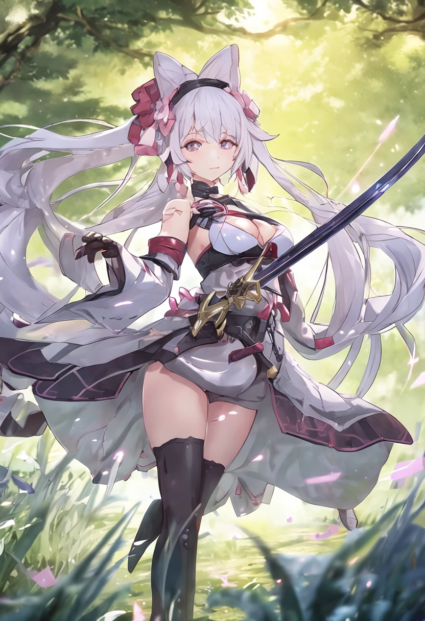 Anime girl with sword and pink bow in field, Keqing from Genshin Impact, Official artwork, high detailed official artwork, white-haired god, A scene from the《azur lane》videogame, Ayaka Genshin impact, azur lane style, zhongli from genshin impact, author:Shitao, Official anime artwork, offcial art, onmyoji portrait