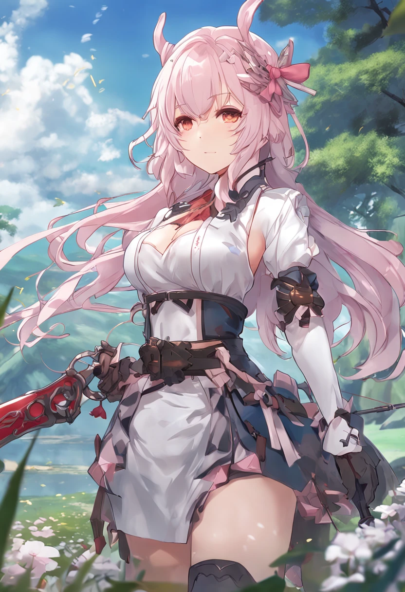 4K,巨作,Best quality,High resolution,1girl huge large breasts,solo，Yae Miko, 1girl huge large breasts, \n/, Animal ears, Bare shoulders, Blush, breasts, Cherry blossoms, Closed mouth, Detached sleeves, Earrings, Flower, Fox ears, Pedras preciosas, hair between eyes, hair ornament, Hand up, Japanese clothes, Jewelry, komono, Long hair, see viewer, Medium breasts, miko, nontraditional miko, Pink eyes, pink flower, Pink hair, purple gemstone, short kimono, side locks, Smile, Upper body, White kimono, ((巨作)),holding gun,AK-47,akm,assault rifle,Kalashnikov rifle,trigger_discipline,low-ready,anime coloring,masterpaintings,optimal quality, depth of view, high resolucion, scherenschnitte,