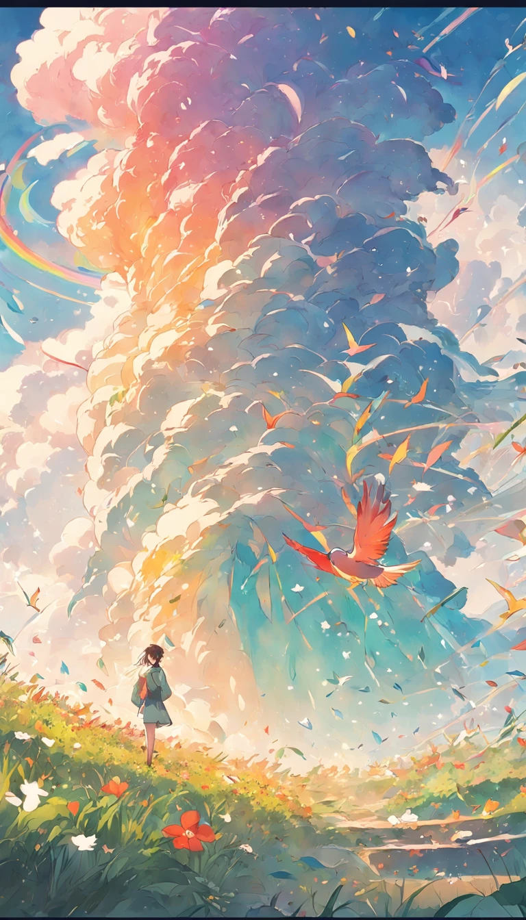 The gentle and beautiful rainbow bird returns to nature,With the wind、clouds、florals、The grass blends into one,Become part of an endless cycle in nature。