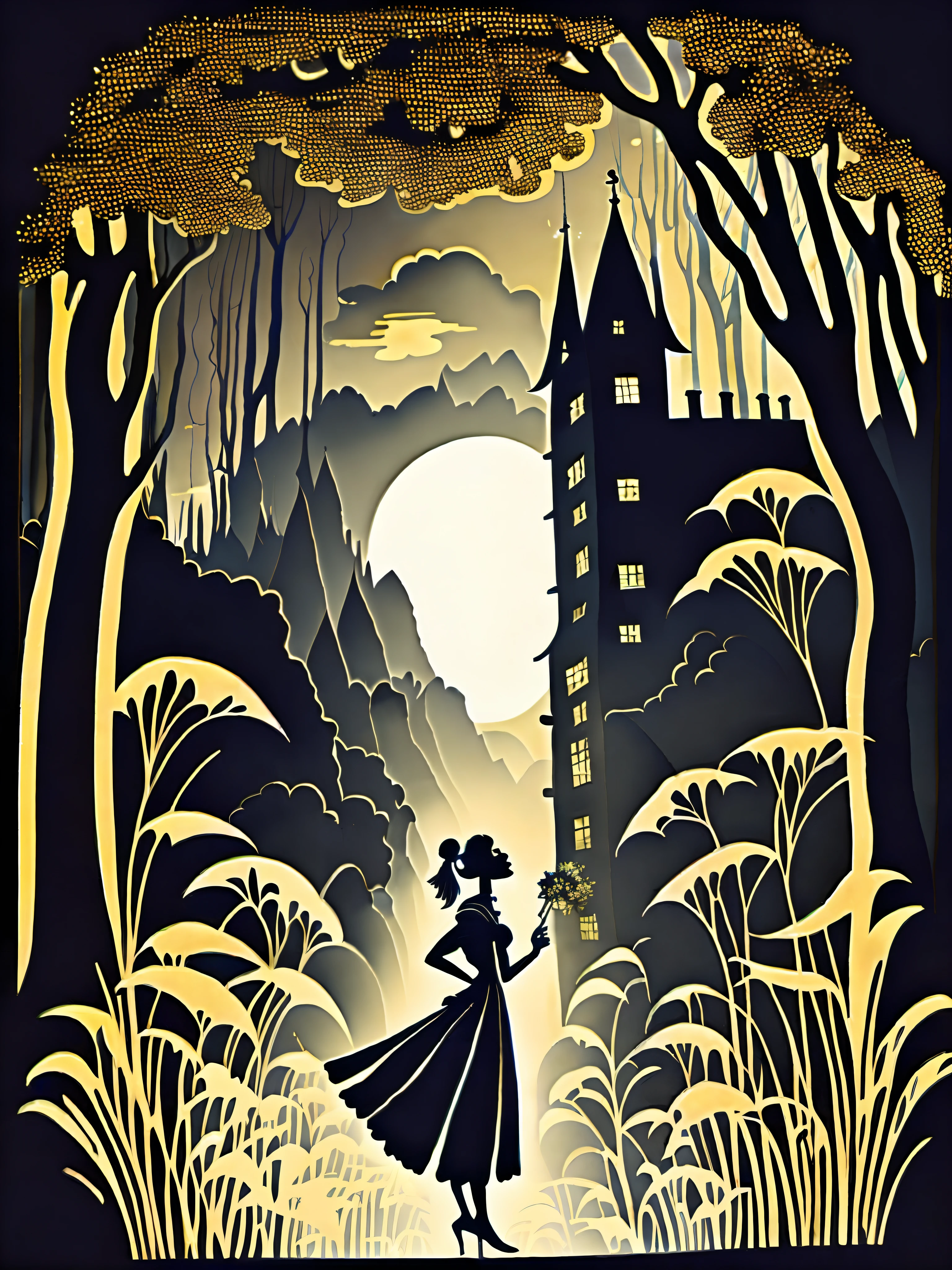 a painting of a person standing in a forest at night with a castle in the background, big moon, river, flowers , by Lotte Reiniger
