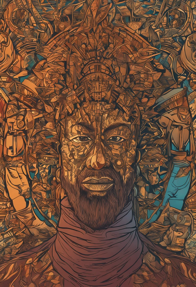 deus africano dos caminhos e das batalhas Ogum, homem alto, bonito, be detalhado, ele usa uma espada a um escudo