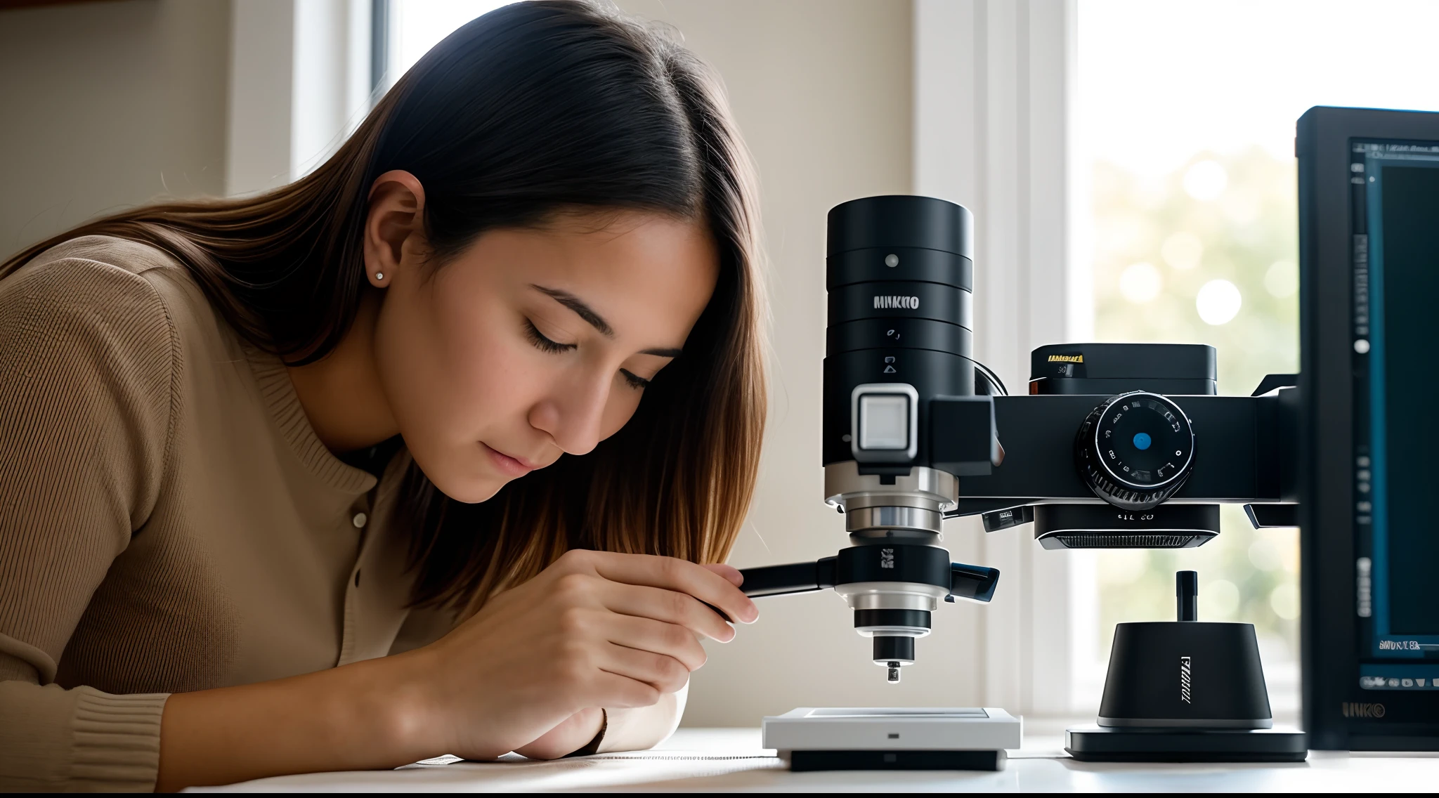 instagram photo, a female researcher engrossed in her work, examining samples under a microscope, focused, precise, Nikon Z7 II with 105mm f/2.8 macro lens, diffused window light, close-up photography.