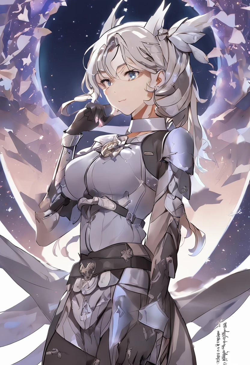 hof, 1girl, kiana kaslana, solo, smallunderboob, middlebreast, eBlue eyes, mitts, whaite hair, cleavage, jewely, pony tails, 耳Nipple Ring, Bare shoulders, Keep one's mouth shut, By bangs, themoon，(Moon Night)，moonlit background, (starrysky)，Misty，(城市), hair adornments, Hair between the eyes，Torn Cape，armour，antenna hair，thigh boots，White stockings，black glove，boots，White shoes,火焰，looking at viewert