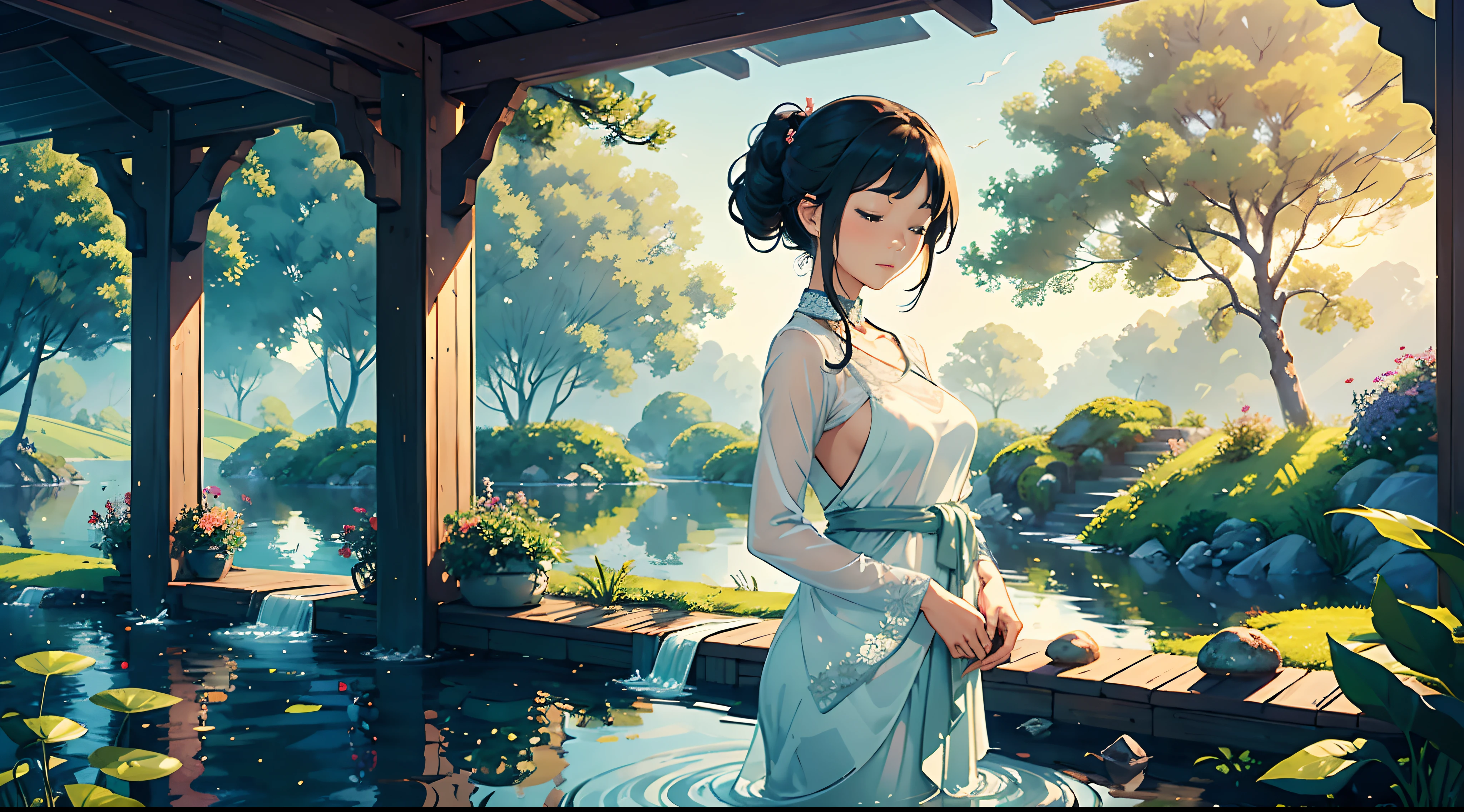 Create a digital masterpiece that captures the essence of tranquility and serenity. Incorporate either a gracefully beautiful woman in a serene natural landscape, using a harmonious blend of colors and soft textures. Your artwork should evoke a sense of inner peace and calm, inviting viewers to escape into a world of soothing beauty.