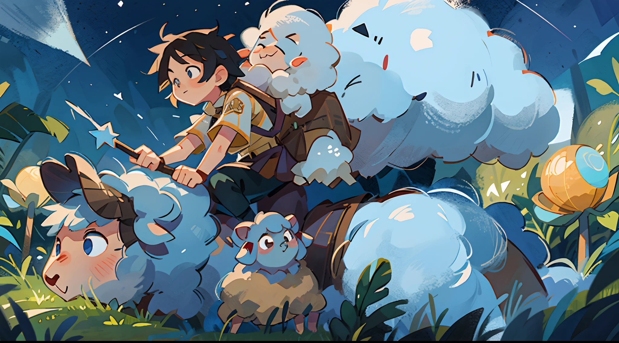 Prairie, a boy riding on the back of a sheep, knight, night, starry